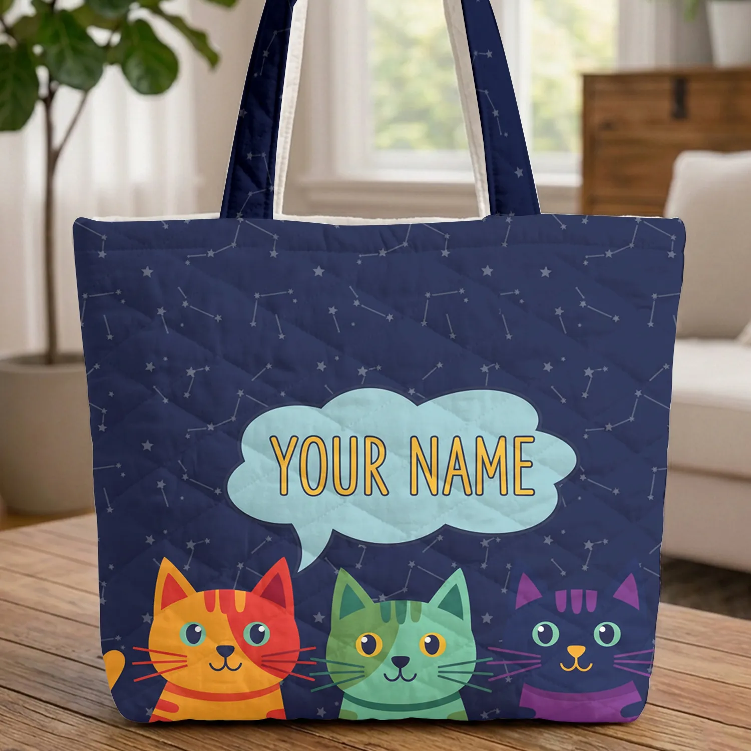Three Cats Cloud Speech Bubble Celestial Stars - Everyday Tote for Cat Lover Quilted Tote Bag - 1