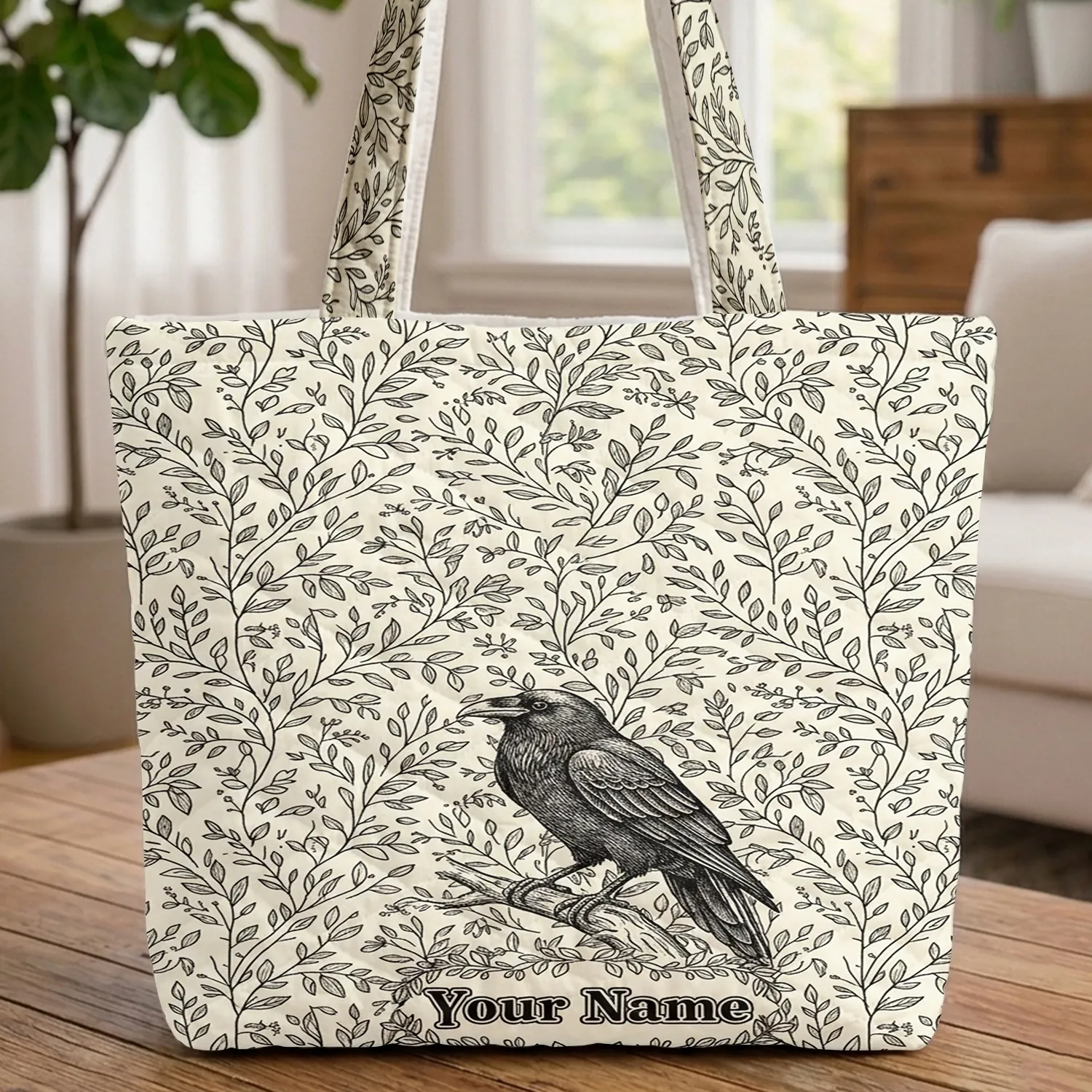 Majestic Raven Leafy Branches Berry Clusters - Everyday Tote Gift Quilted Tote Bag - 1