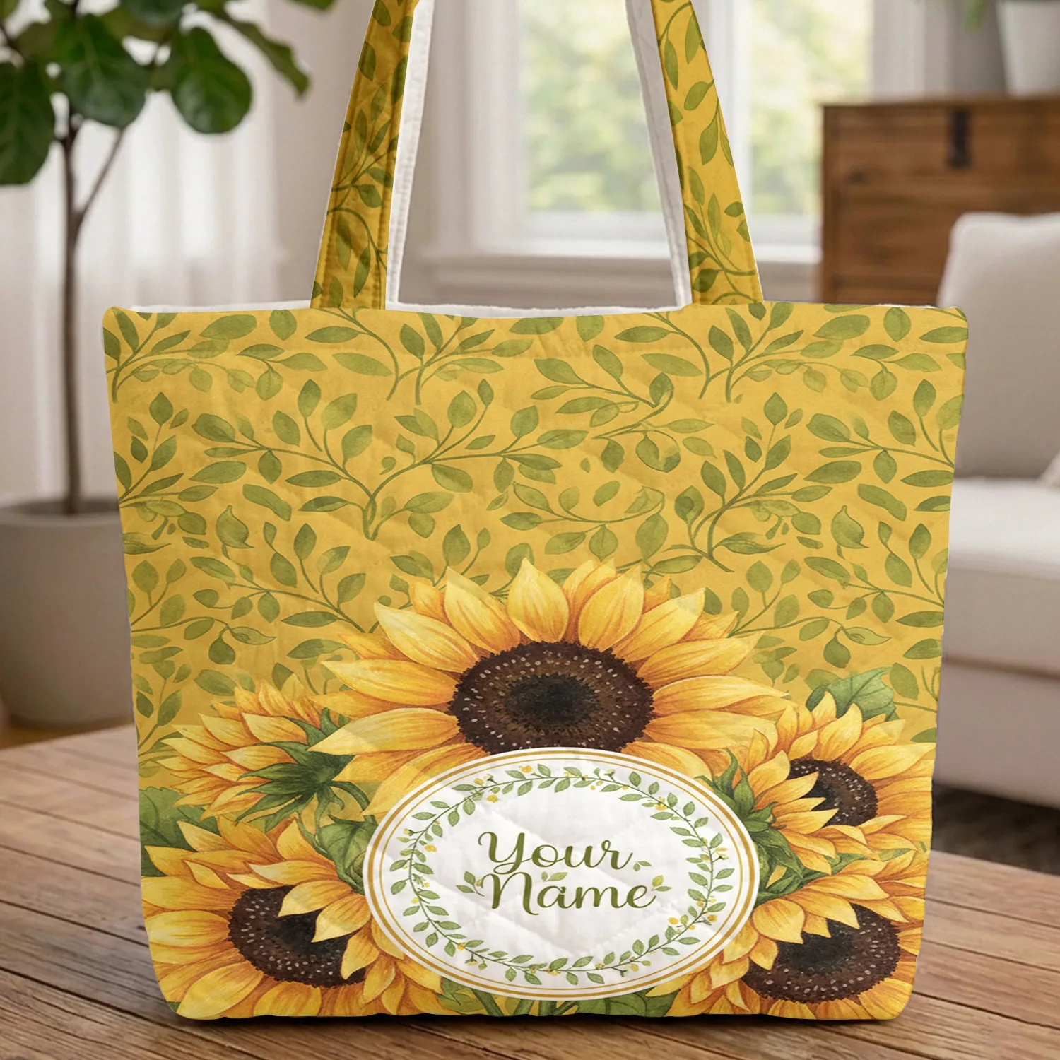 Botanical Sunflowers Leaf Vine Floral Wreath Personalized - Thoughtful Gift for Her Quilted Tote Bag - 1