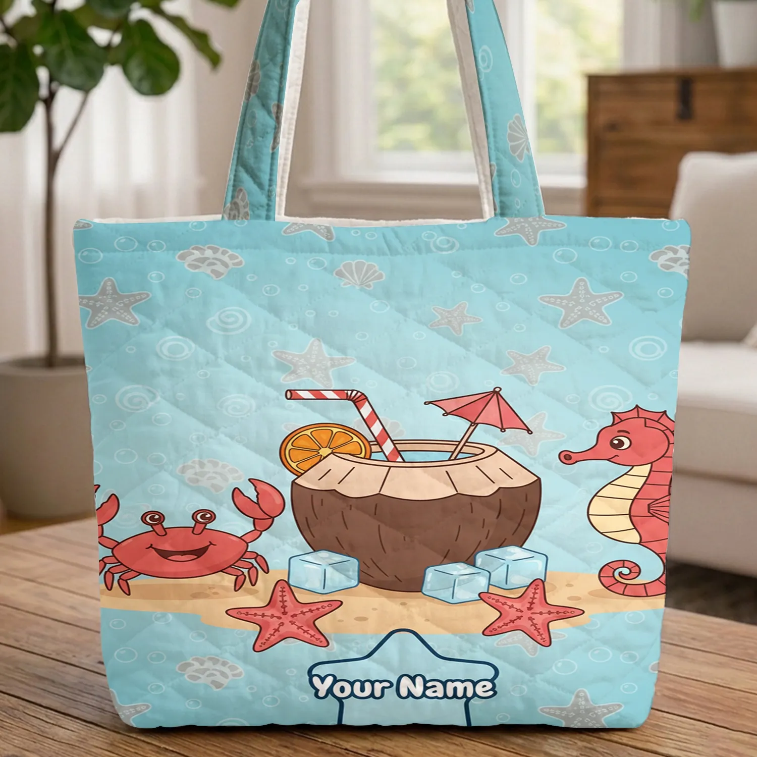 Coconut Cocktail Starfish Seashells - Beach Vacation Travel Essentials Gift for Beach Lover Quilted Tote Bag - 1