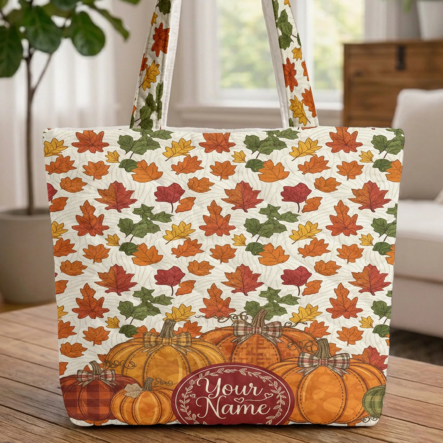 Autumn Leaves Heirloom Pumpkins Personalized Name Floral Garland - Fall Harvest Hostess Gift Quilted Tote Bag - 1