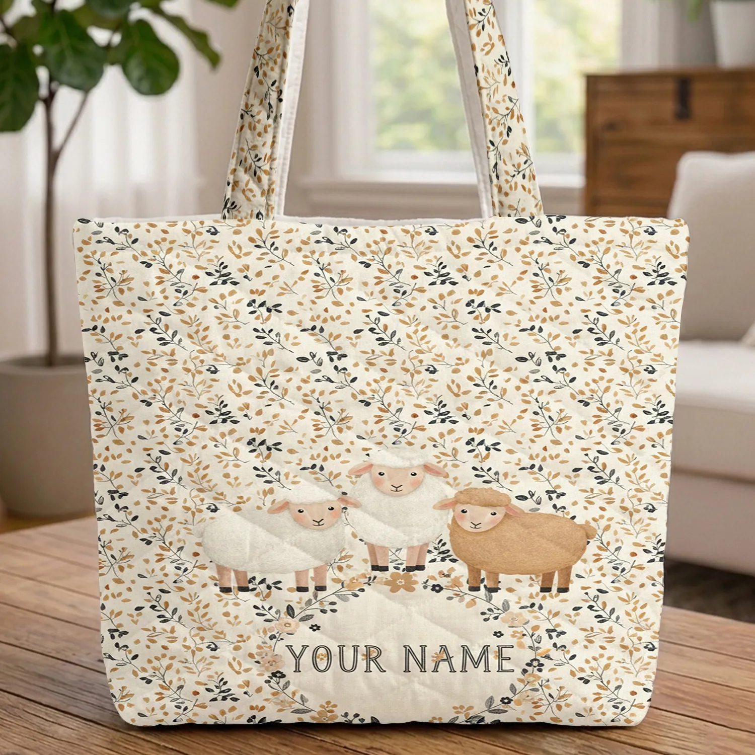 Personalized Sheep Floral Wreath - Farmhouse Home Decor Gift for Sheep Lover Quilted Tote Bag - 1