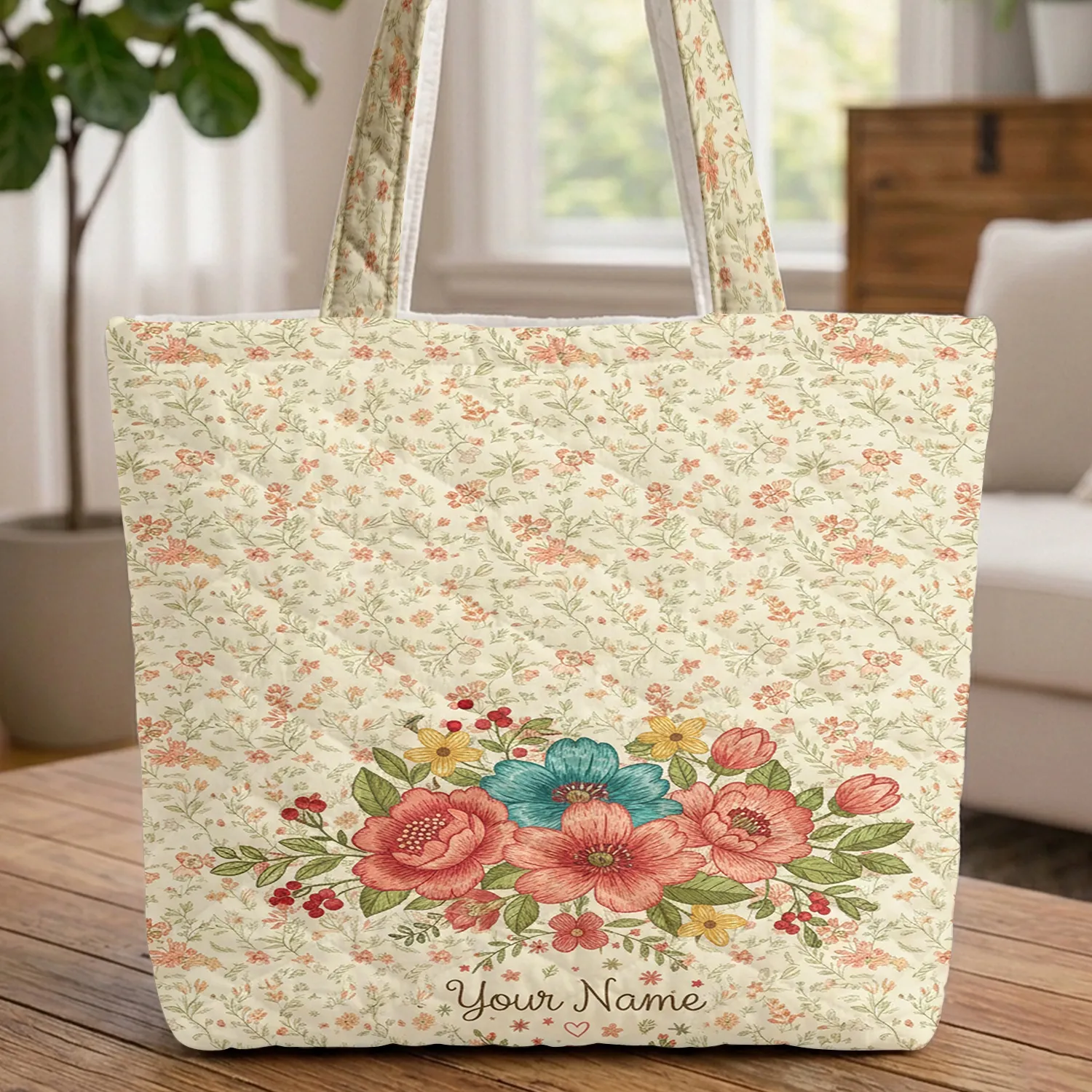 Floral Bouquet Botanical Sprigs Name Wreath - Everyday Carry Gift Quilted Tote Bag - 1