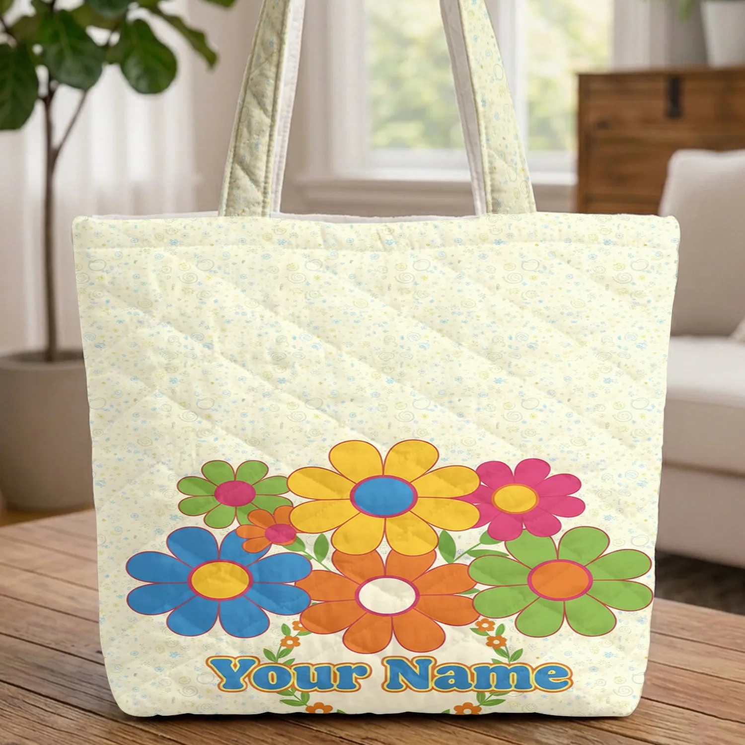 Bubble Letter Name Wreath Rounded Petal Floral Bouquet - Travel Essentials Quilted Tote Bag - 1