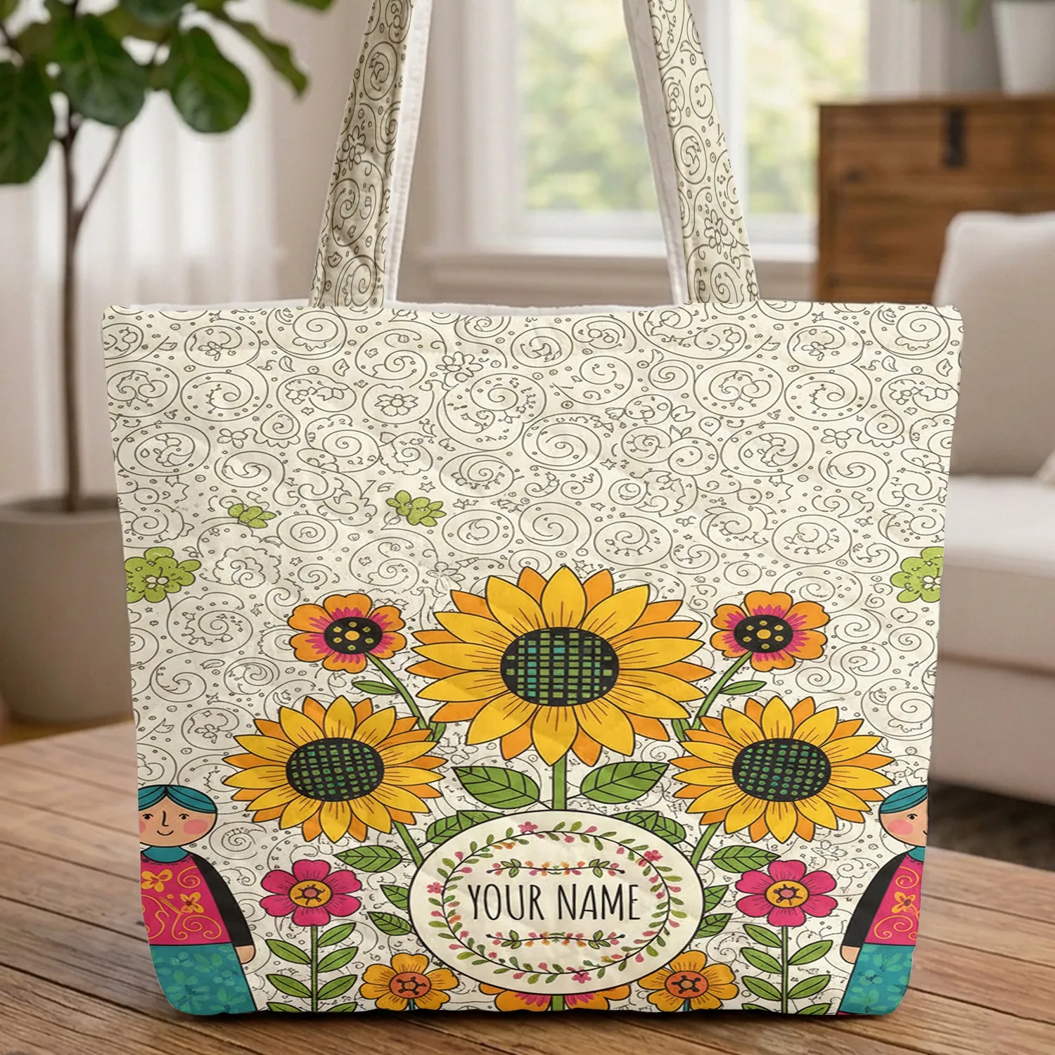 Sunflowers Blossoms Floral Wreath Swirling Lines Dots Motifs - Everyday Tote Quilted Tote Bag - 1