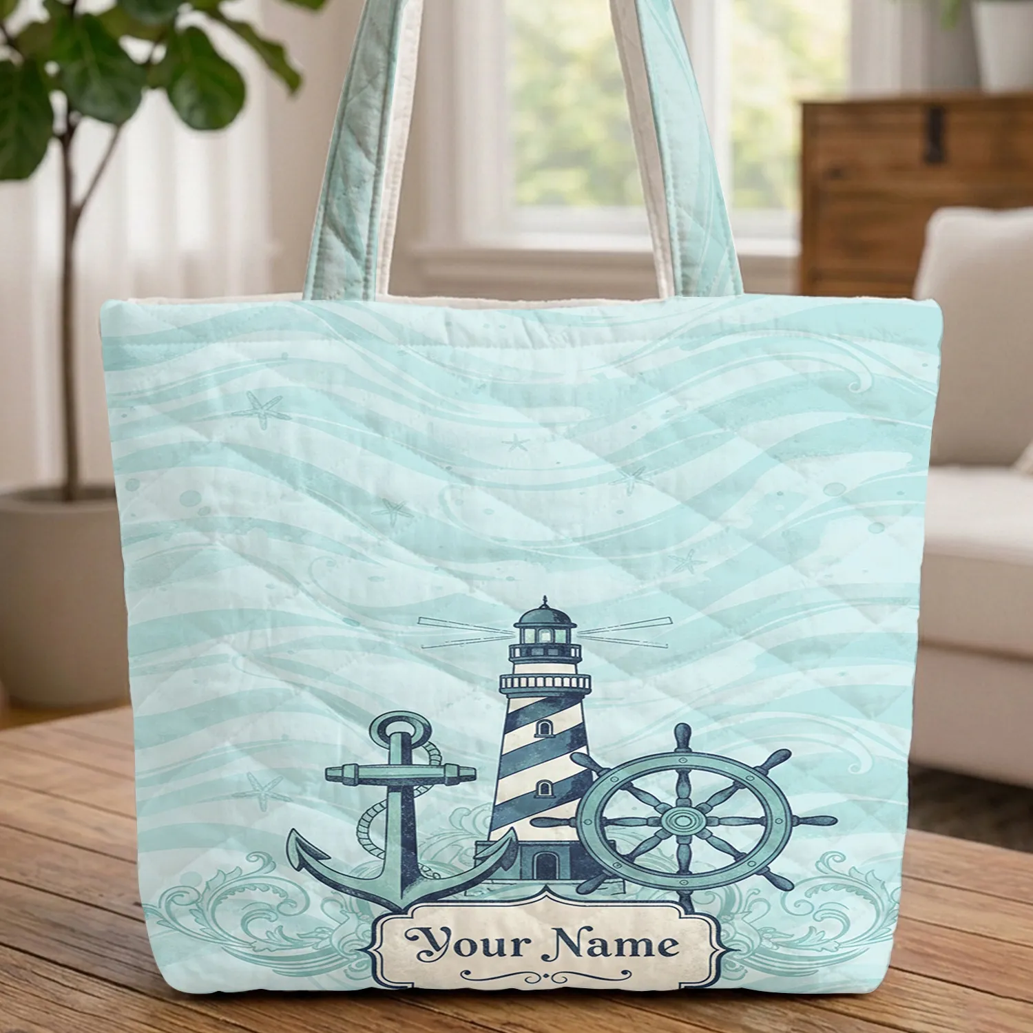 Vintage Anchor Lighthouse Ship Wheel Sea Stars - Personalized Nautical Lover Gift Quilted Tote Bag - 1