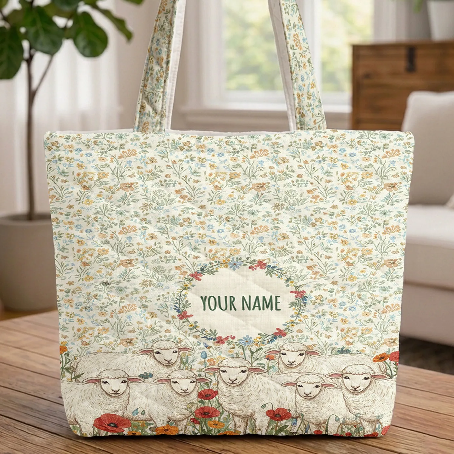 Fluffy Sheep Wildflower Meadow - Farmhouse Country Living Gift for All Animal Lovers Quilted Tote Bag - 1