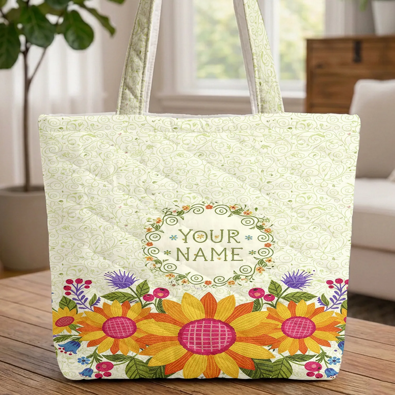 Sunflowers Floral Sprigs Organic Flowing Lines Leaf Garland - Everyday Botanical Use Quilted Tote Bag - 1