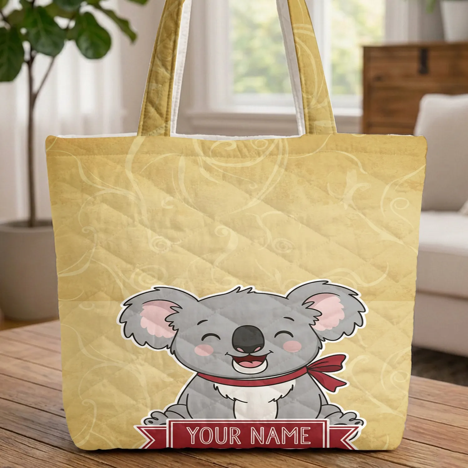 Smiling Koala Cub with Crimson Ribbon Golden Distressed Wall - Thoughtful Wildlife Gift for Children Quilted Tote Bag - 1