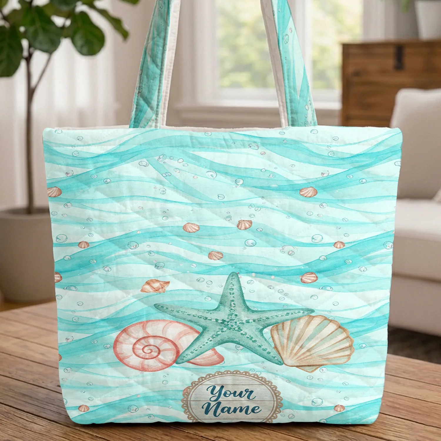 Personalized Name Teal Starfish Seashells Water Ripples Sand - Everyday Coastal Living Gift Idea Quilted Tote Bag - 1