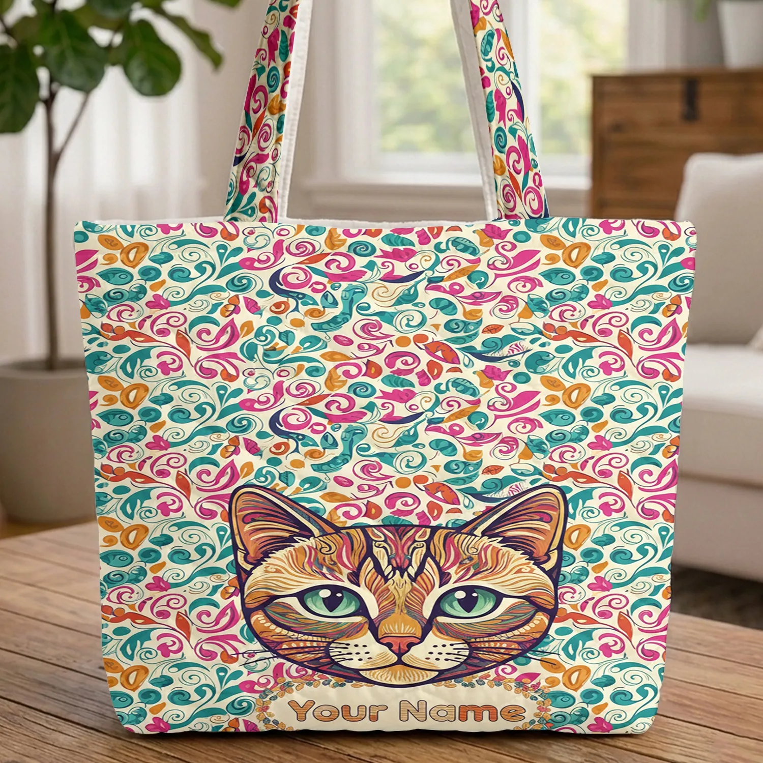 Textured Line Cat Face Teal Green Eyes Floral Wreath Name Organic Leaf - Cat Lover Everyday Gift Quilted Tote Bag - 1