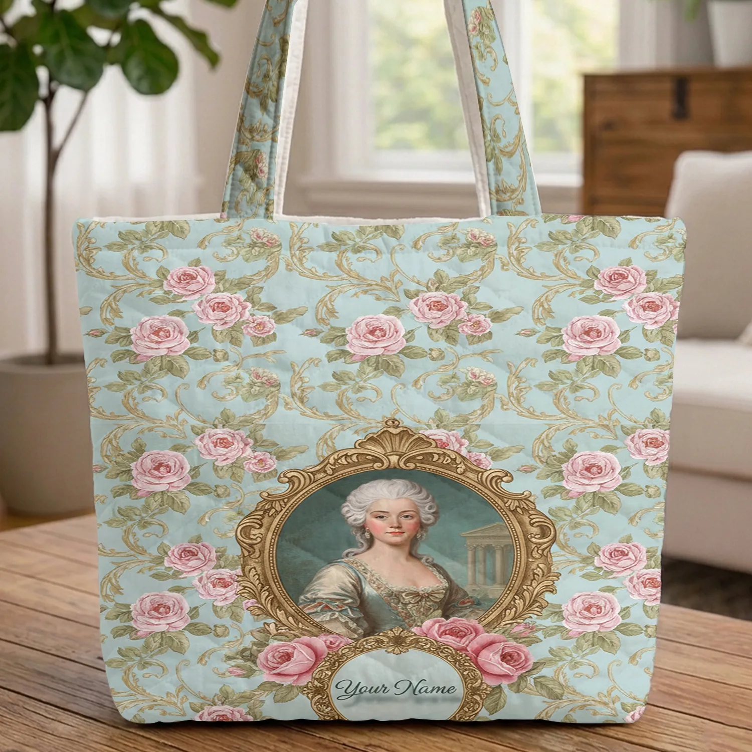 Regal Woman Powdered Wig Pink Roses Gold Frame - Everyday Tote Home Decor Gift for Women Quilted Tote Bag - 1