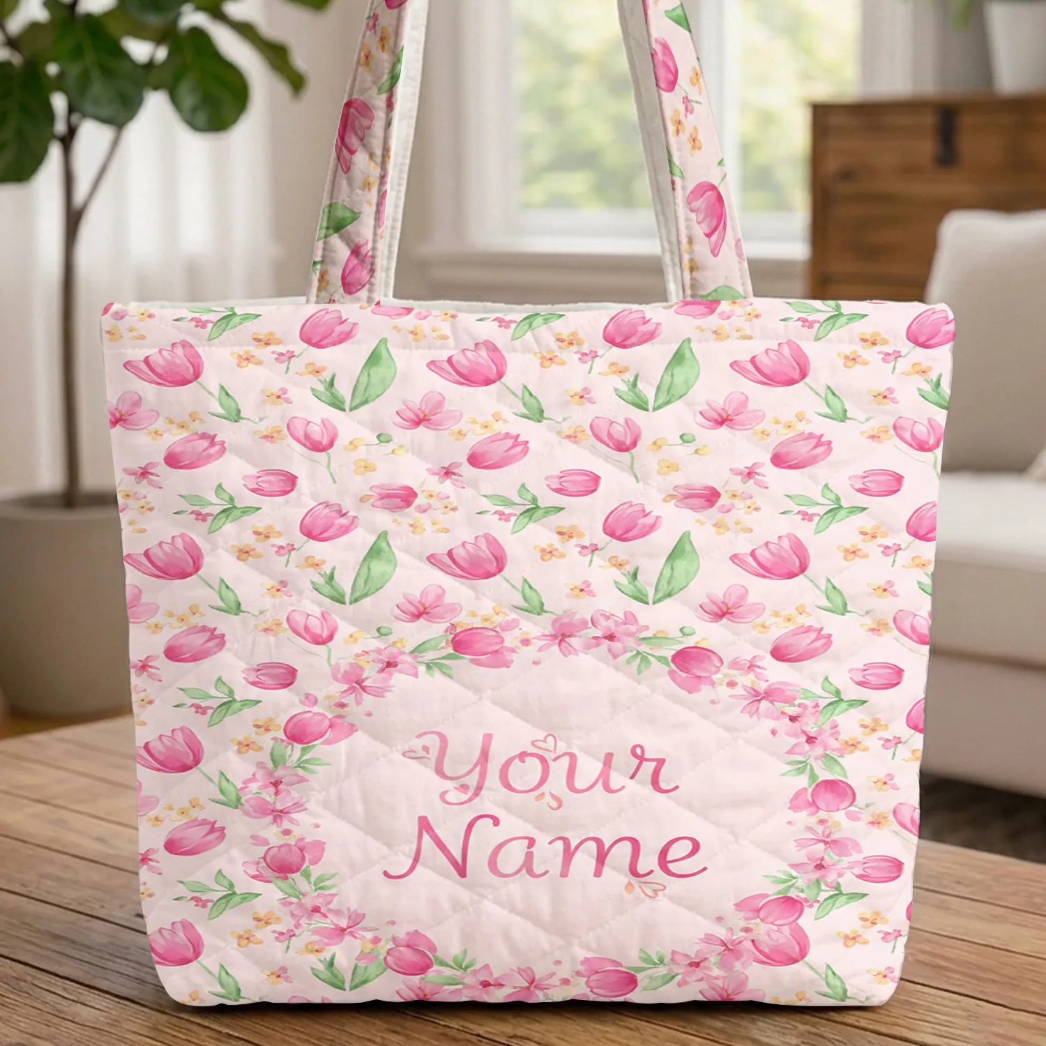 Tulip Blossom Floral Wreath - Everyday Carry Essential Gift for Her Quilted Tote Bag - 1