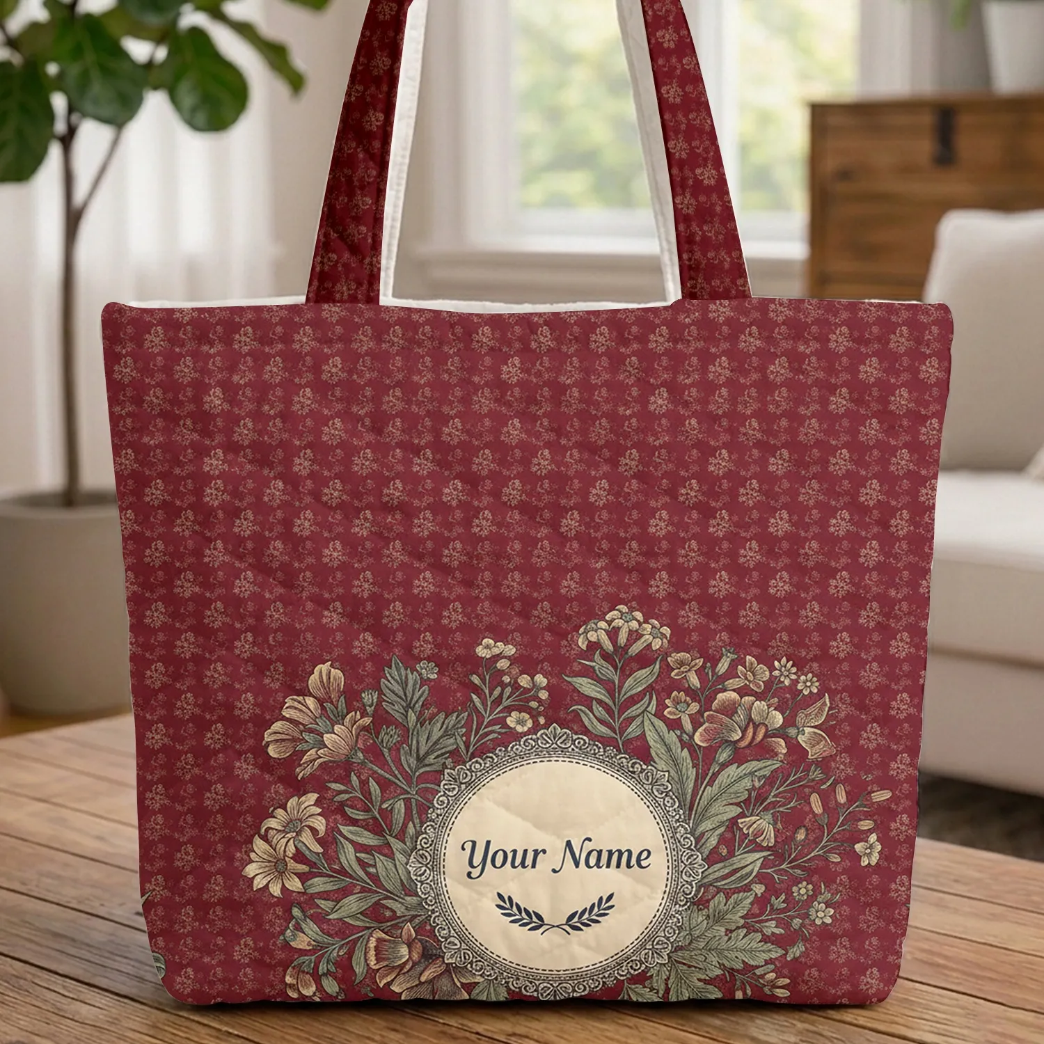 Personalized Patriotic Wildflowers Stars Medallion - American Flora Independence Day Gift Quilted Tote Bag - 1
