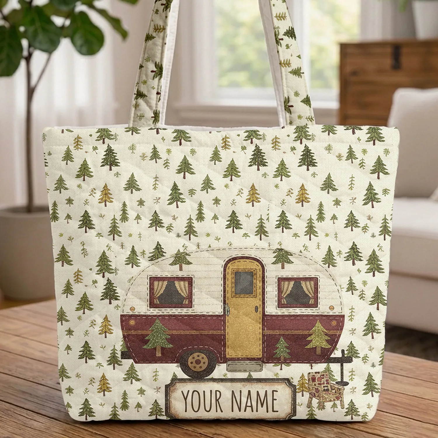 Ornate Vintage Camper Van Pine Tree Plaque - Outdoor Travel Lover Gift Quilted Tote Bag - 1