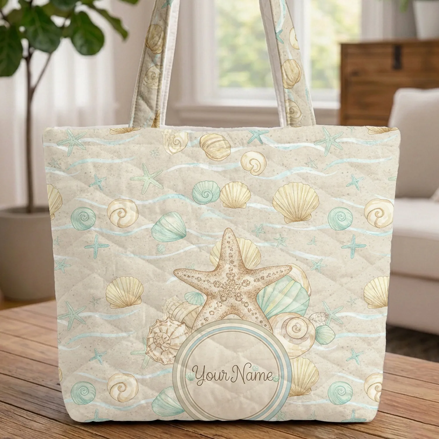 Beige Starfish Clam Shells Ocean Ripples - Coastal Living Everyday Gift Quilted Tote Bag - 1