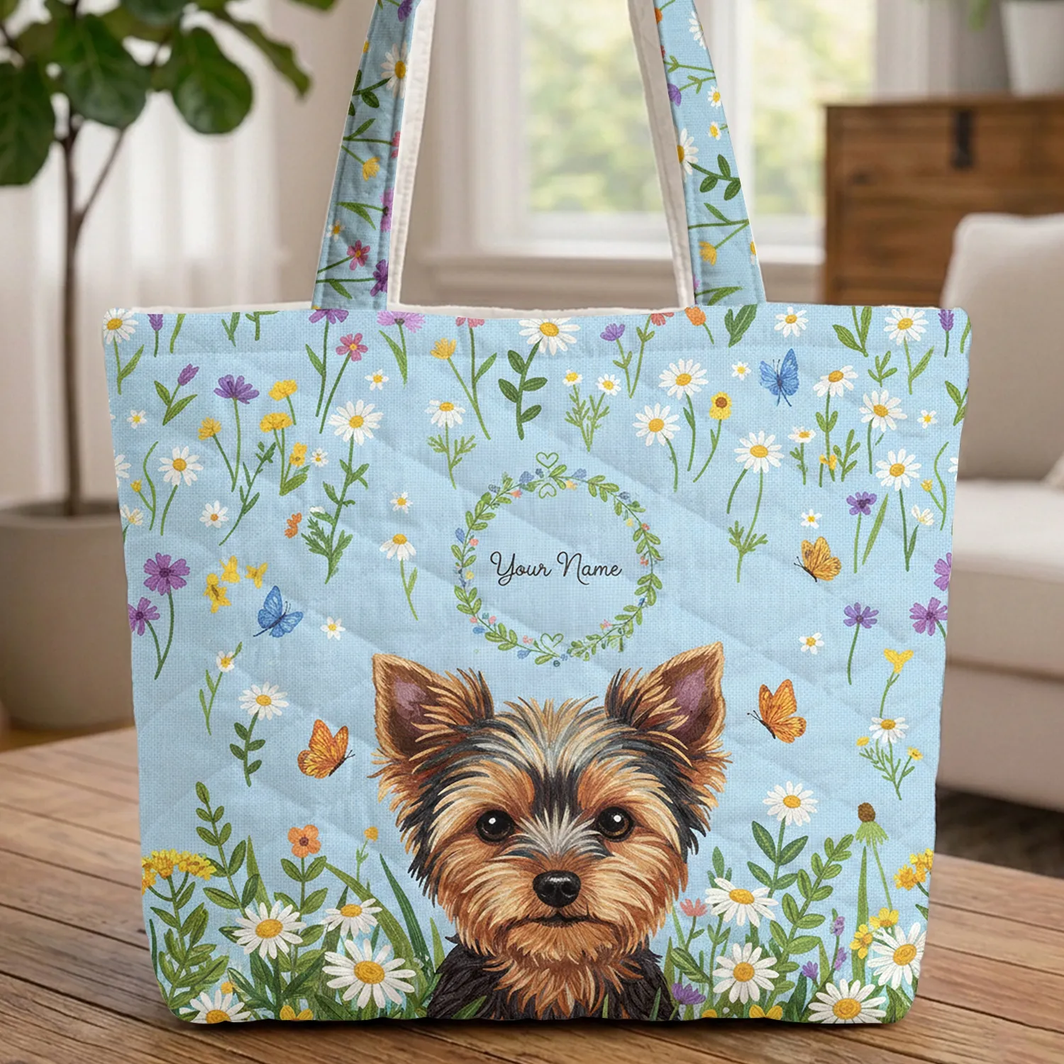 Yorkshire Terrier Dog Wildflowers Daisies Butterflies Floral Wreath - Dog Lover Gift Quilted Tote Bag - 1