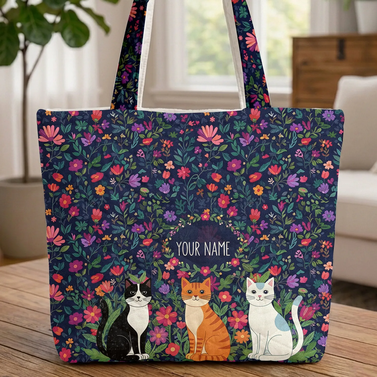 Folk Art Cats Floral Wreath Name - Everyday Carryall Gift Quilted Tote Bag - 1