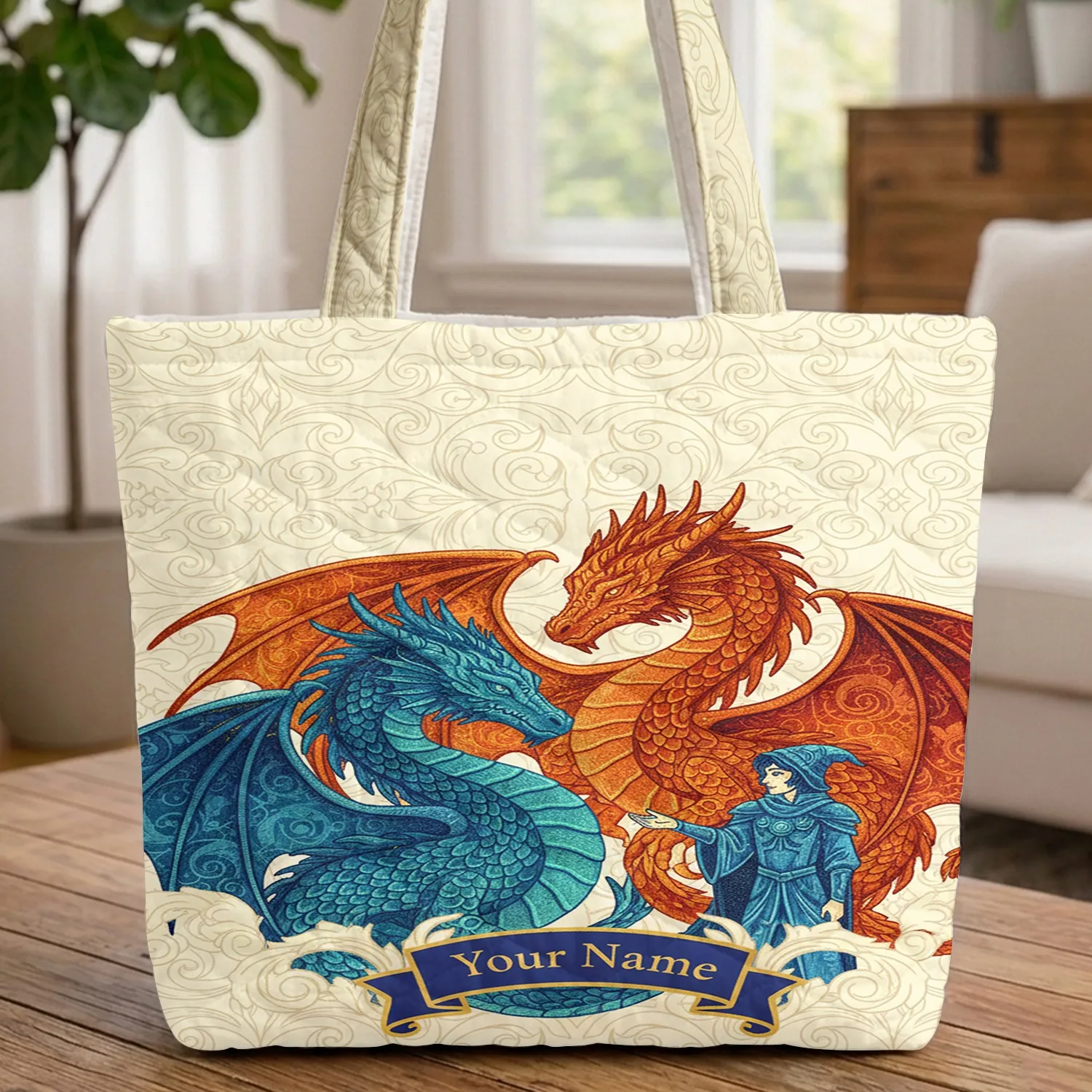 Rococo Scroll Dragons Blue Teal Red Orange - Mythical Creature Gift for Fantasy Fans Quilted Tote Bag - 1