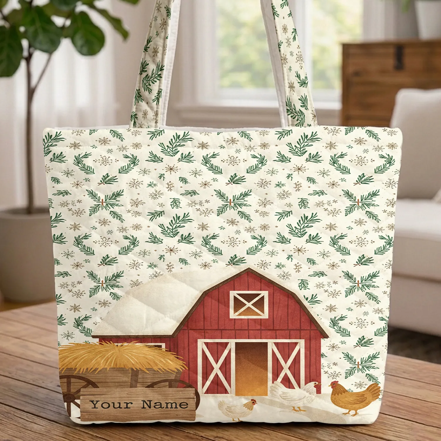 Rustic Barn Chickens Hay Cart Snowflakes - Farmhouse Winter Bag Gift Quilted Tote Bag - 1
