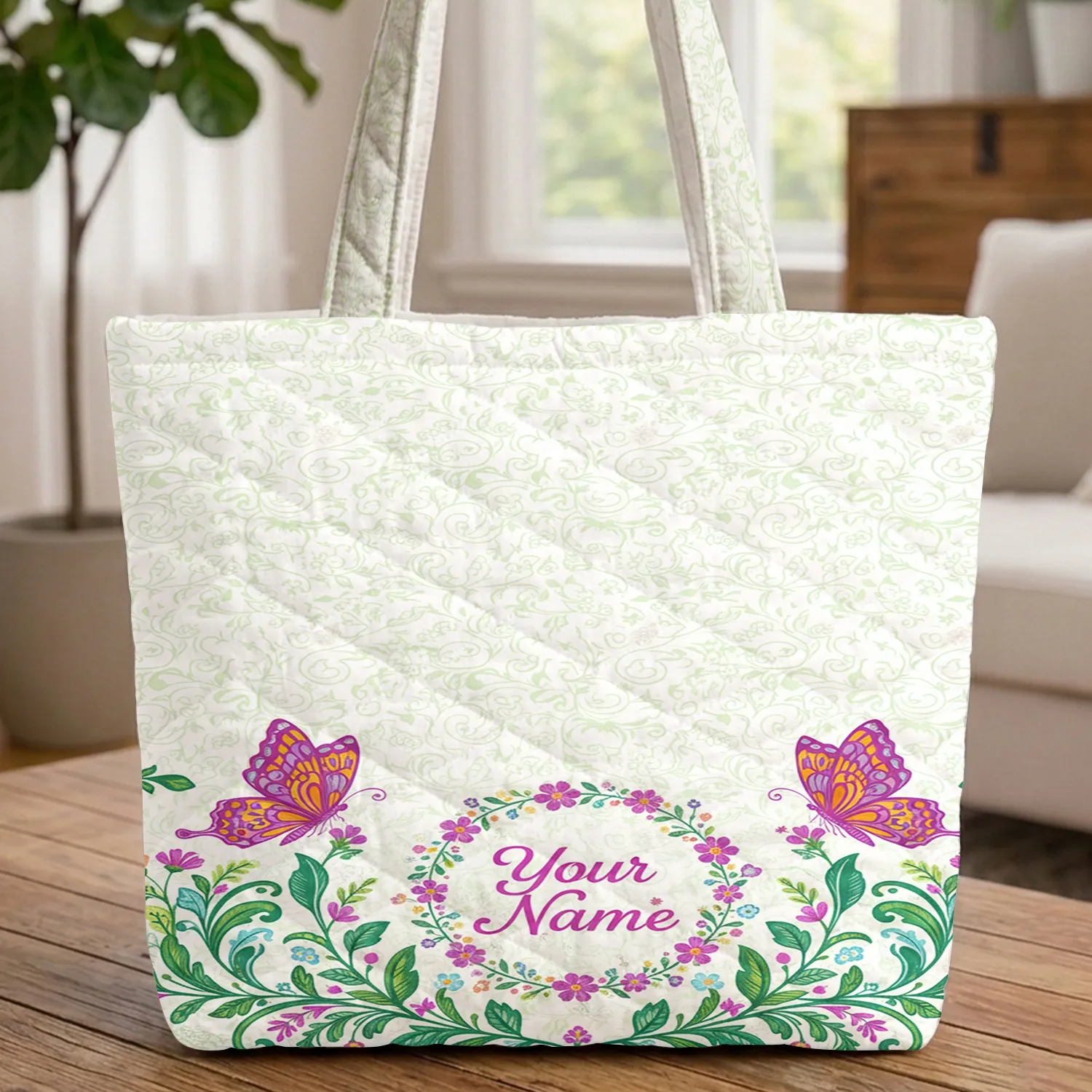 Ornate Butterflies Swirling Vines Floral Wreath Calligraphy Name - Everyday Gift Quilted Tote Bag - 1