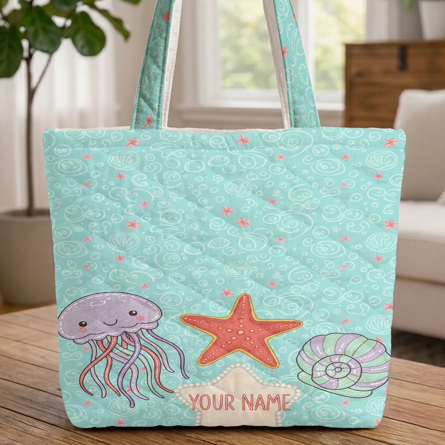 Jellyfish Starfish Seashell Personalized Name Star Frame - Ocean Lover Gift Quilted Tote Bag - 1