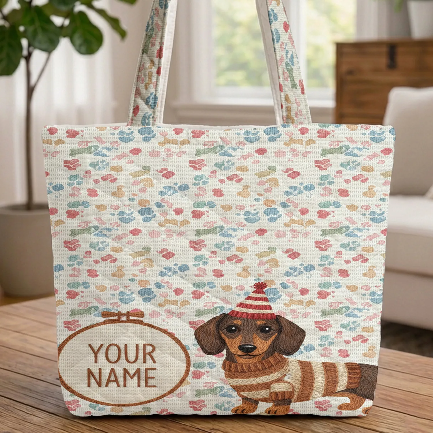 Dachshund Dog Striped Sweater Hat Paw Print Bone Circular Hoop - Dog Lover Pet Owner Gift Quilted Tote Bag - 1