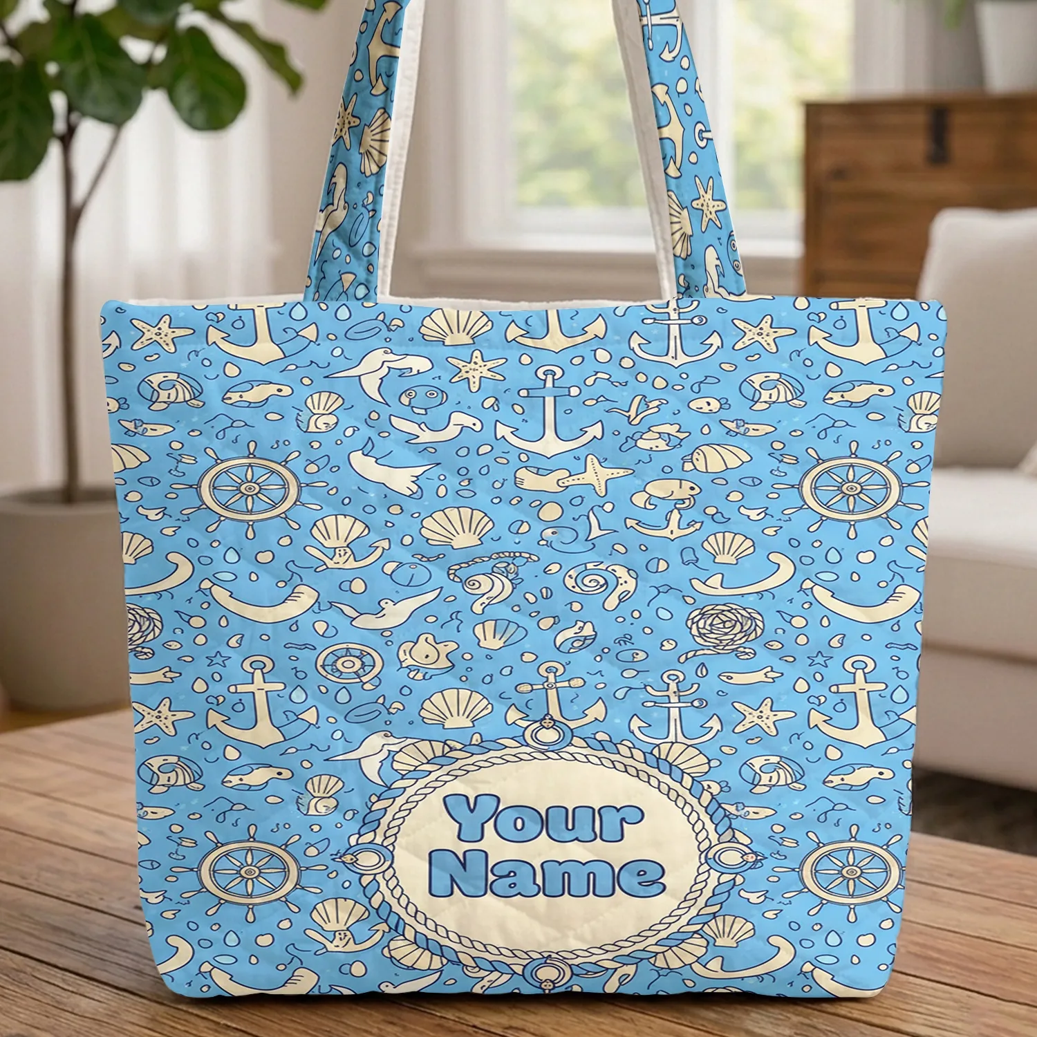 Nautical Anchor Ship Wheel Seashell Starfish - Ocean Lover Gift Quilted Tote Bag - 1