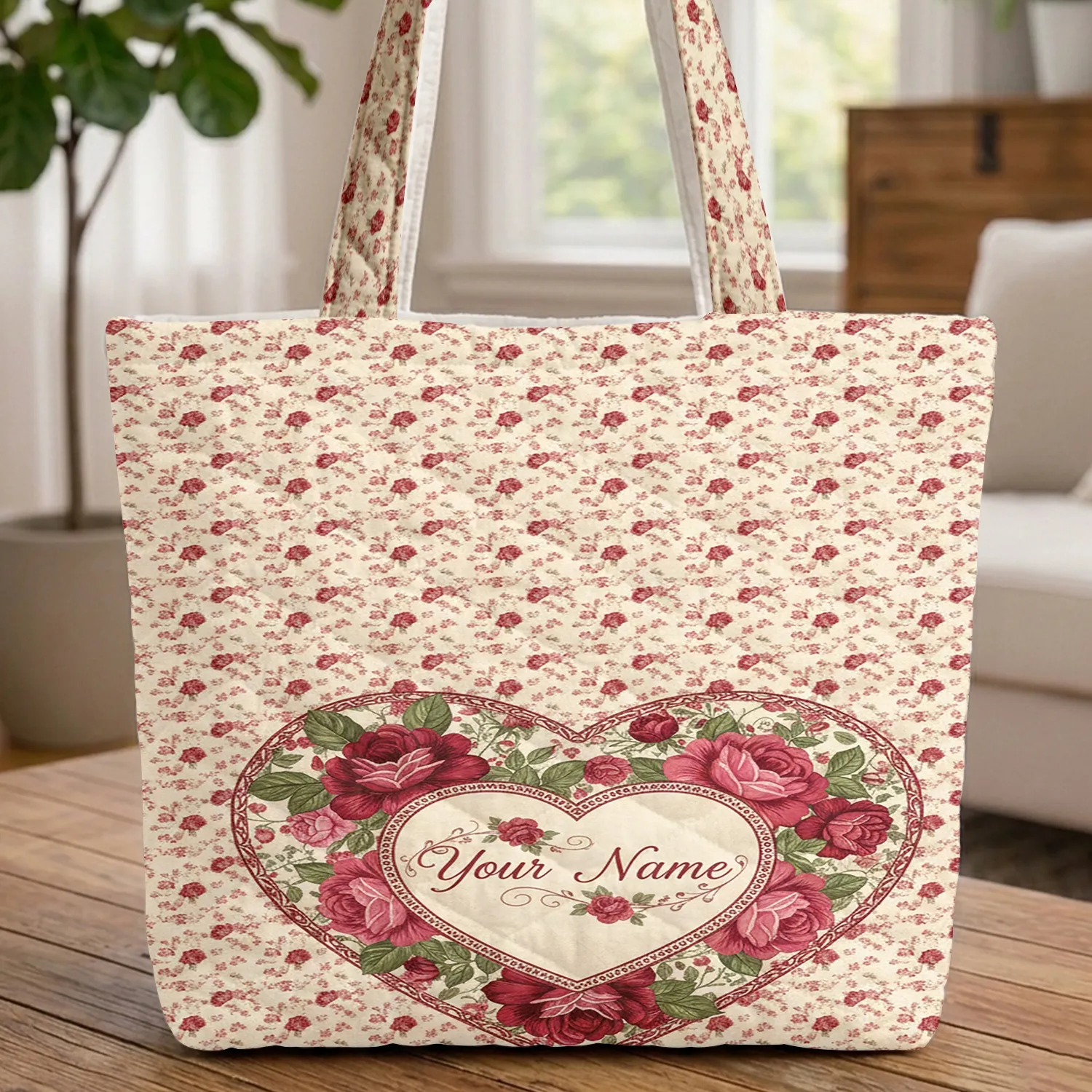 Rose Heart Medallion Personalized Name - Romantic Keepsake Gift for Her Quilted Tote Bag - 1