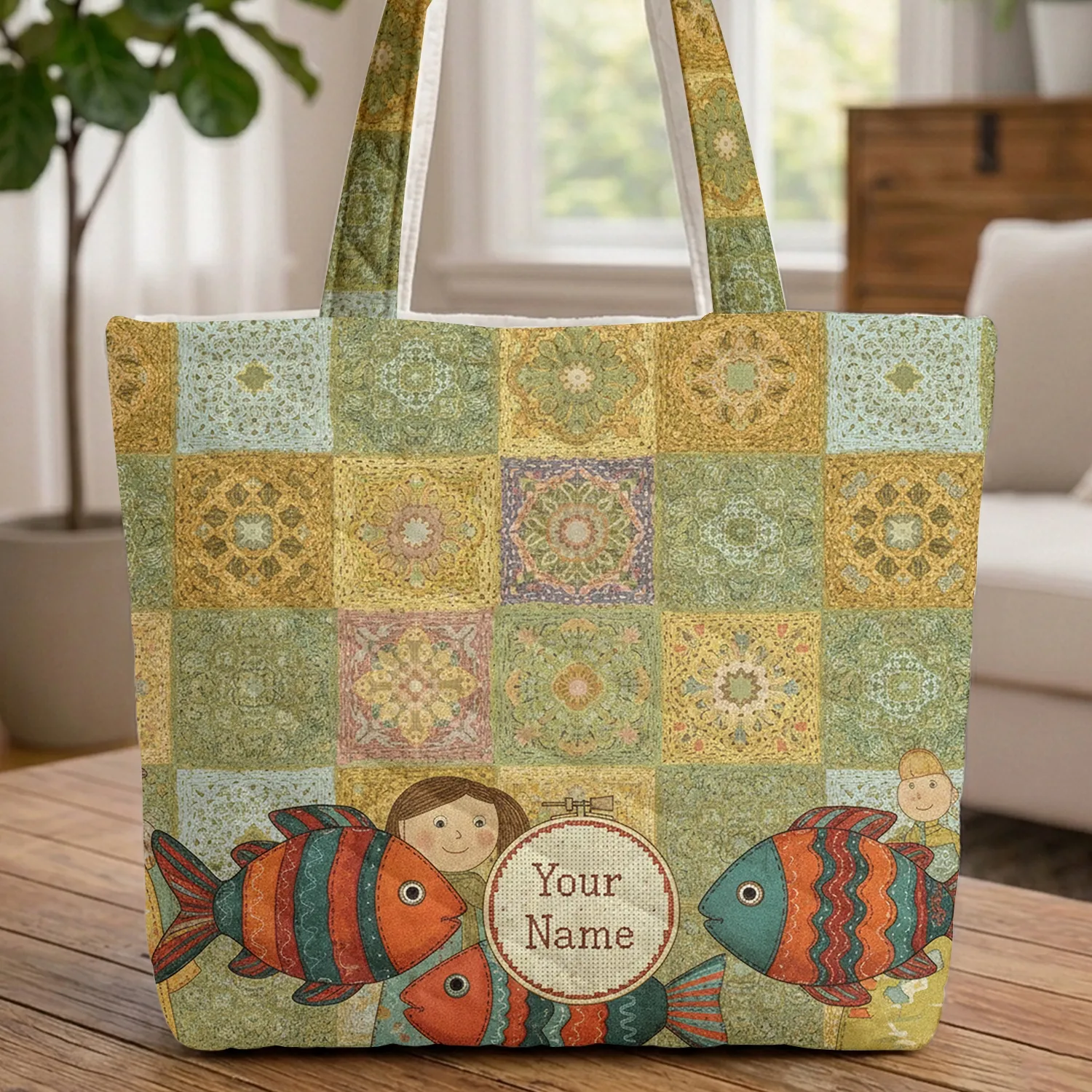 Folk Art Fish Name Hoop - Personalized Textile Art Gift for Crafters Quilted Tote Bag - 1
