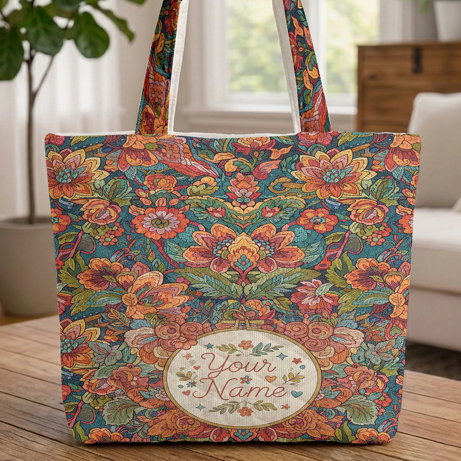 Ornate Floral Tapestry Personalized Name - Everyday Gift for Her Quilted Tote Bag - 1
