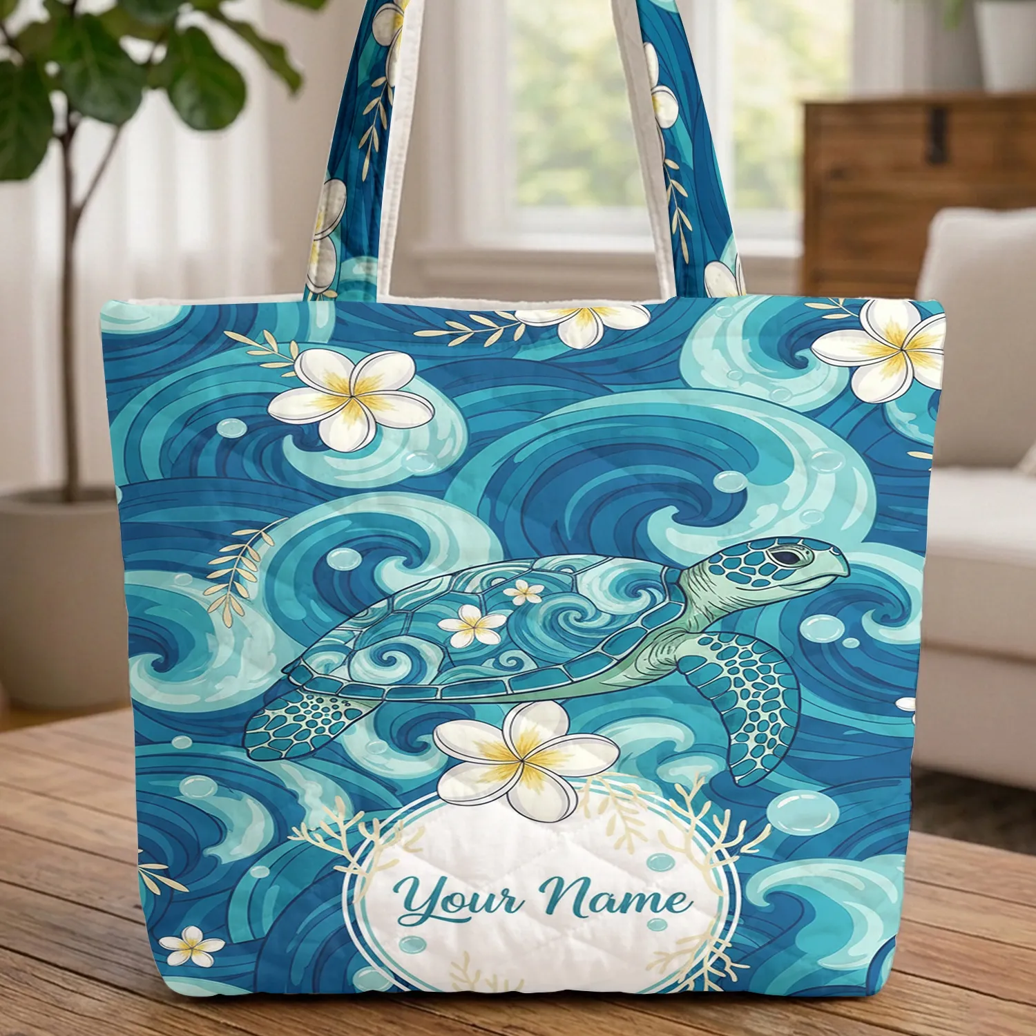 Aquatic Sea Turtle Plumeria Fronds Ocean Waves Bubbles Name Medallion Wildlife Lover Gift Quilted Tote Bag - 1