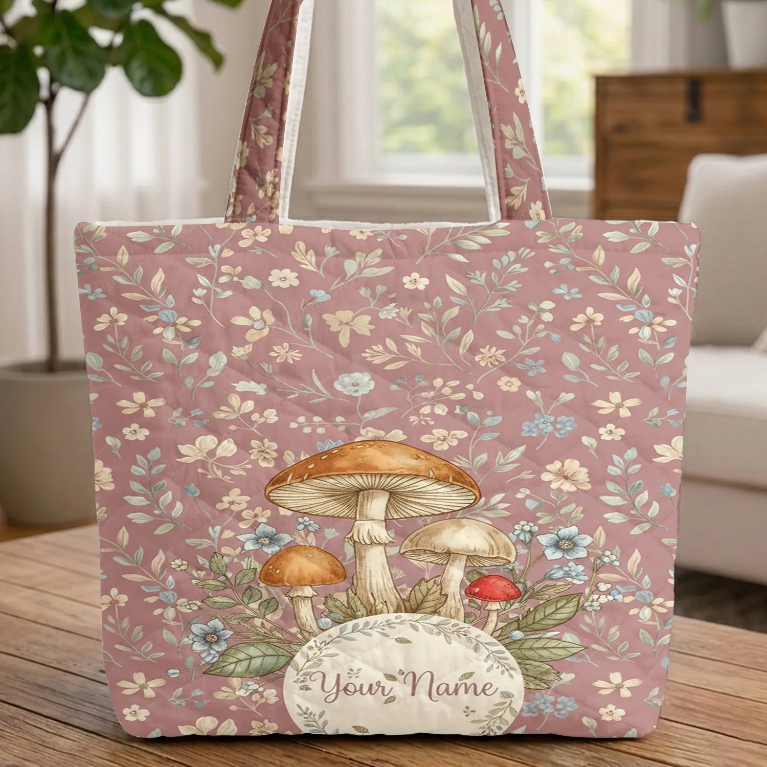 Botanical Mushrooms Wildflowers Floral Wreath - Everyday Lifestyle Accessory Quilted Tote Bag - 1