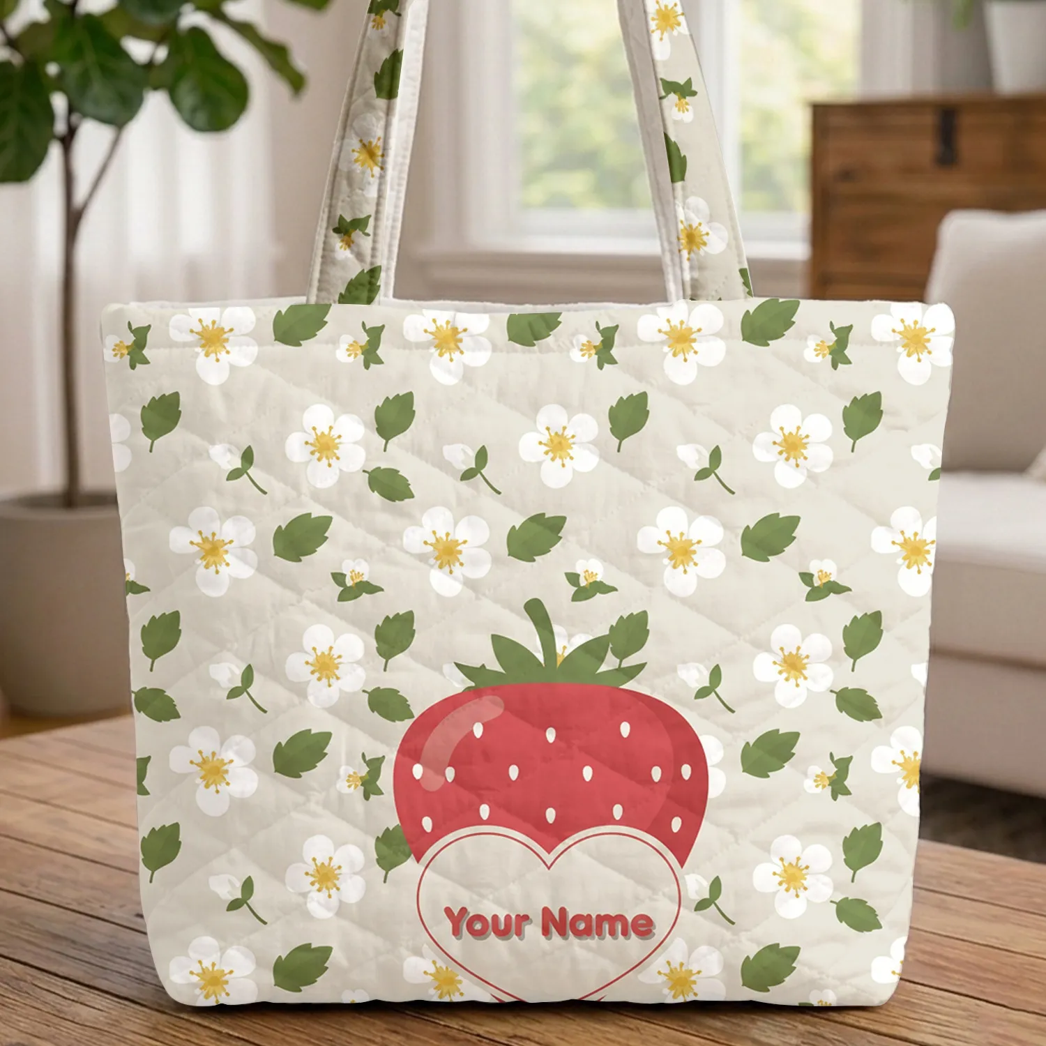 Strawberry Blossoms Red Strawberry Green Leaves Heart Name Everyday Gift Quilted Tote Bag - 1