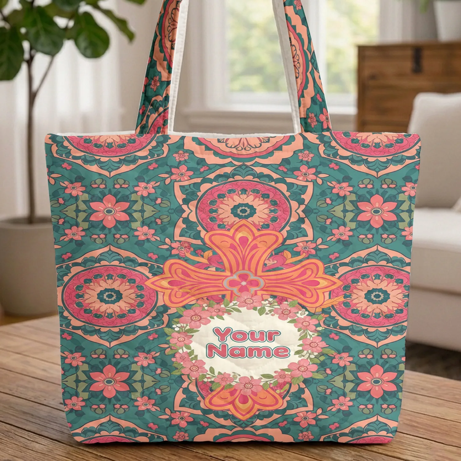 Ornate Cross Flowers Mandala Wreath - Boho Lifestyle Gift Quilted Tote Bag - 1