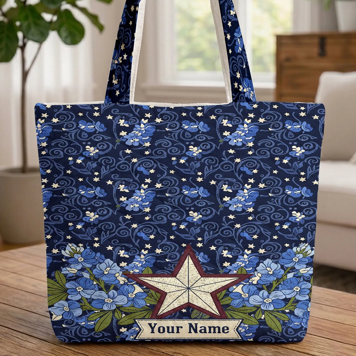 White Lone Star Bluebonnet Flowers Cream Pennant Stars Gift Quilted Tote Bag - 1