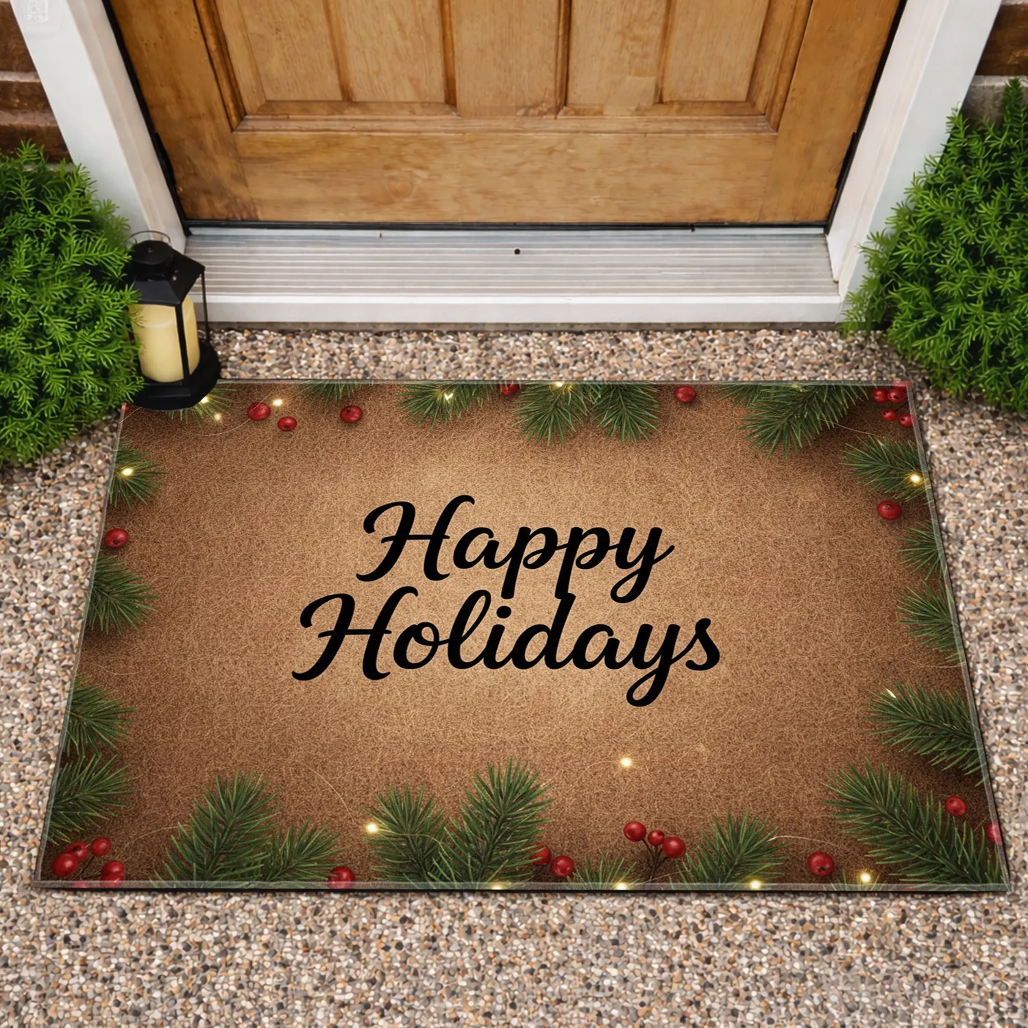 Happy Holidays Script Pine & Berries - Rustic Holiday Home Decor Doormat - 1