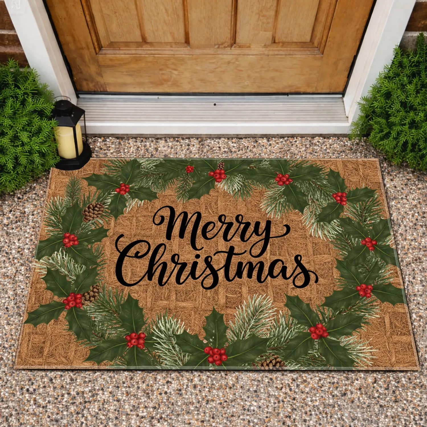 Merry Christmas Script Holly Berries Pinecones - Festive Home Decor Doormat - 1