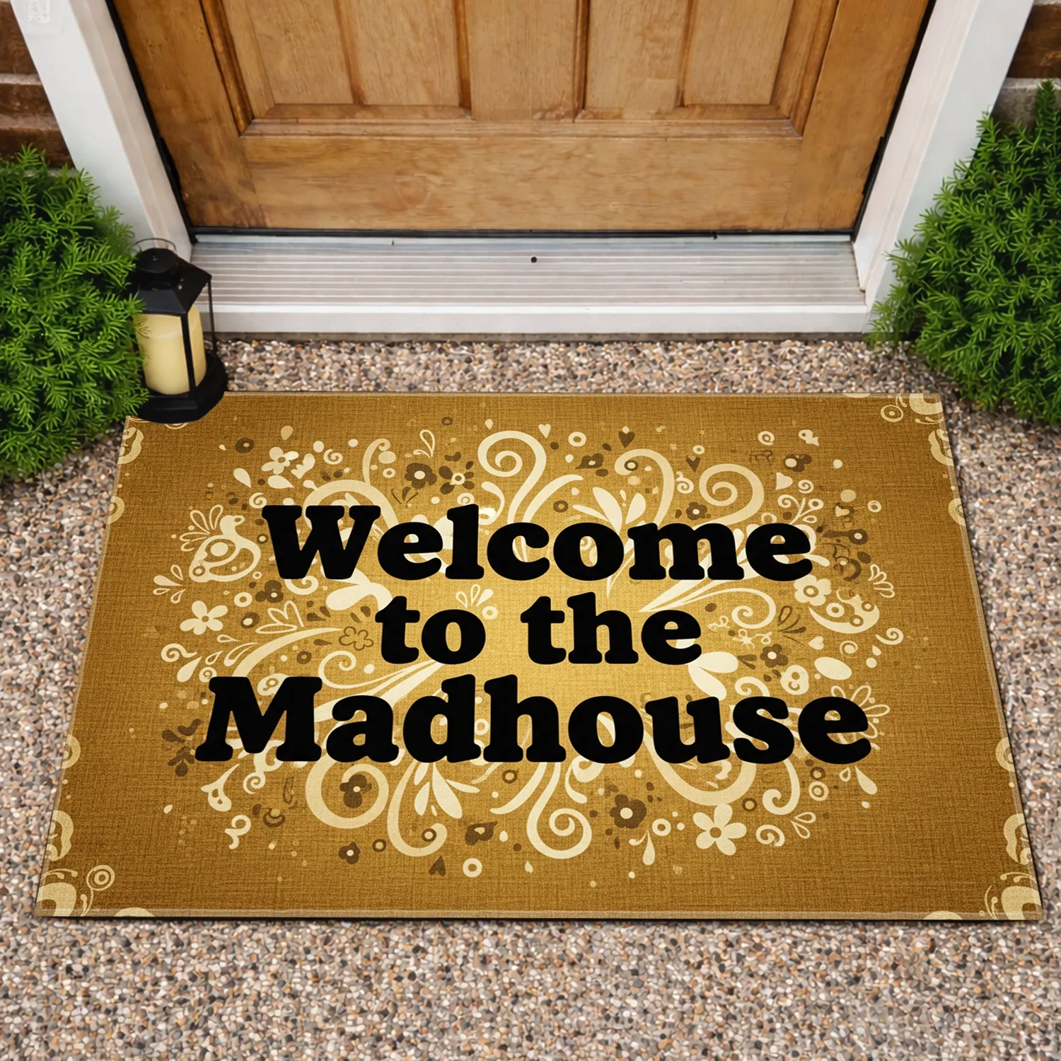 Welcome to the Madhouse Text Chunky Golden Brown Swirls - Everyday Outdoor Decor Doormat - 1