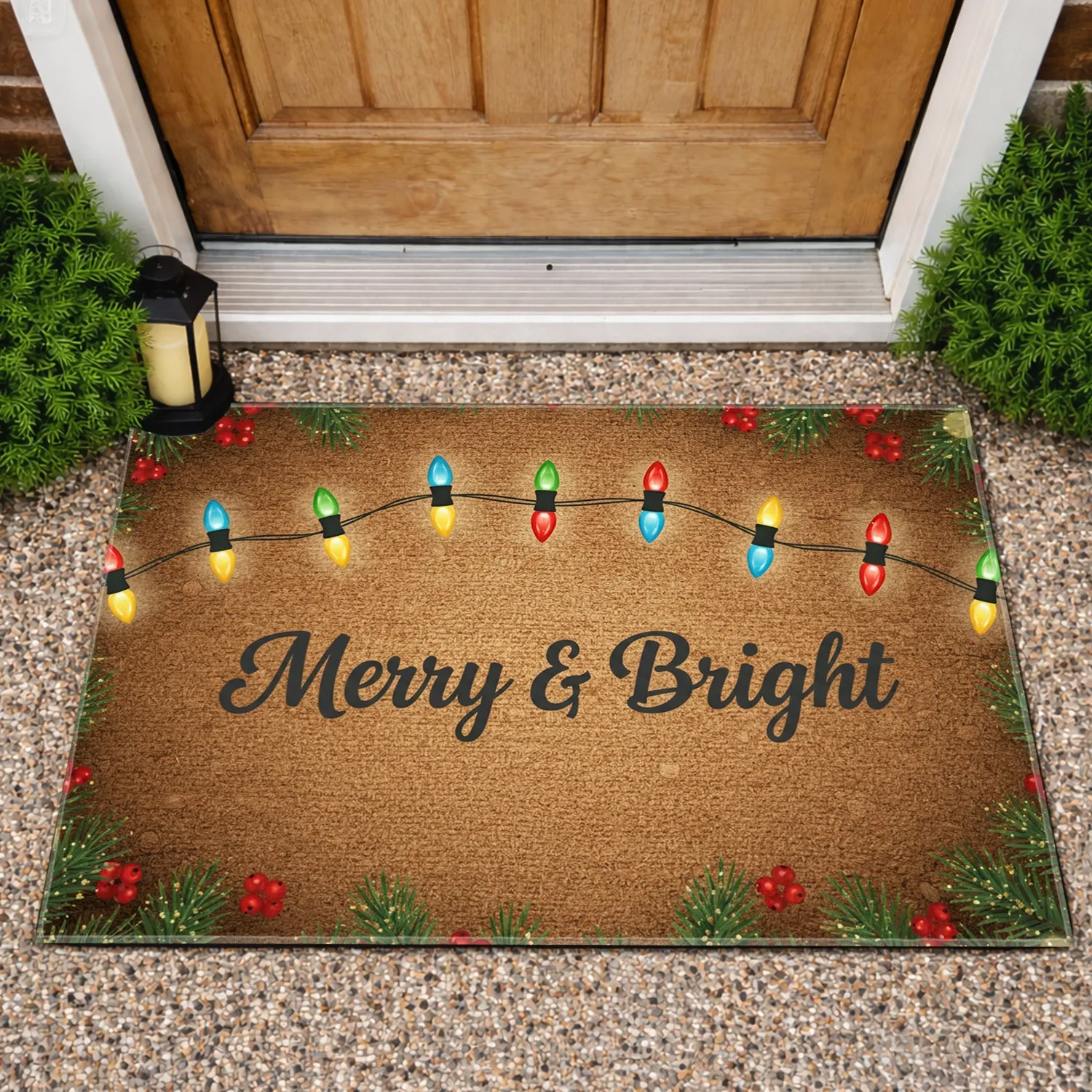 Classic Christmas Lights Evergreen Berries Merry & Bright Script - Holiday Rustic Decor Doormat - 1