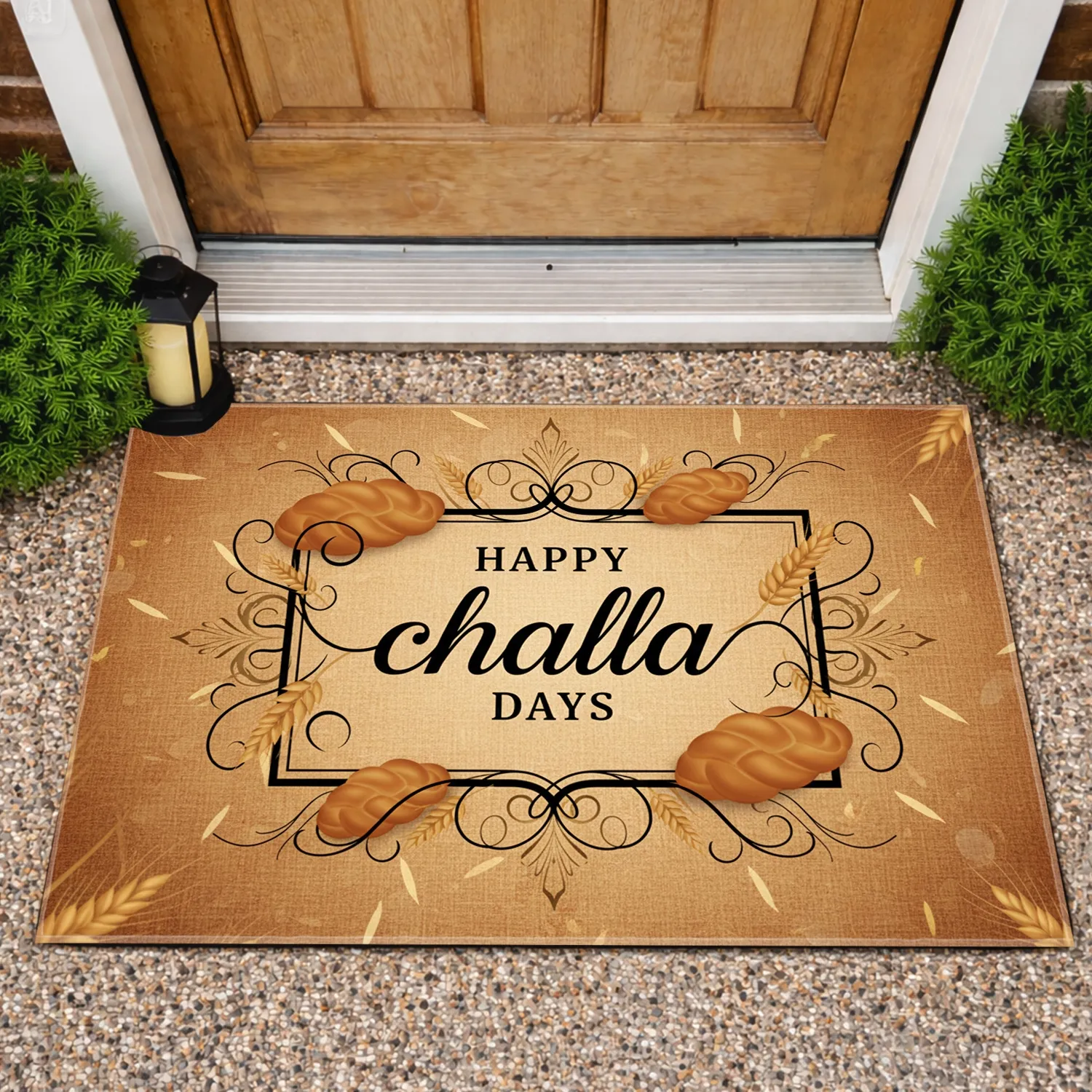 Happy Days Challah Script Wheat Stalks Bread Flourishes - Festive Home Display Doormat - 1