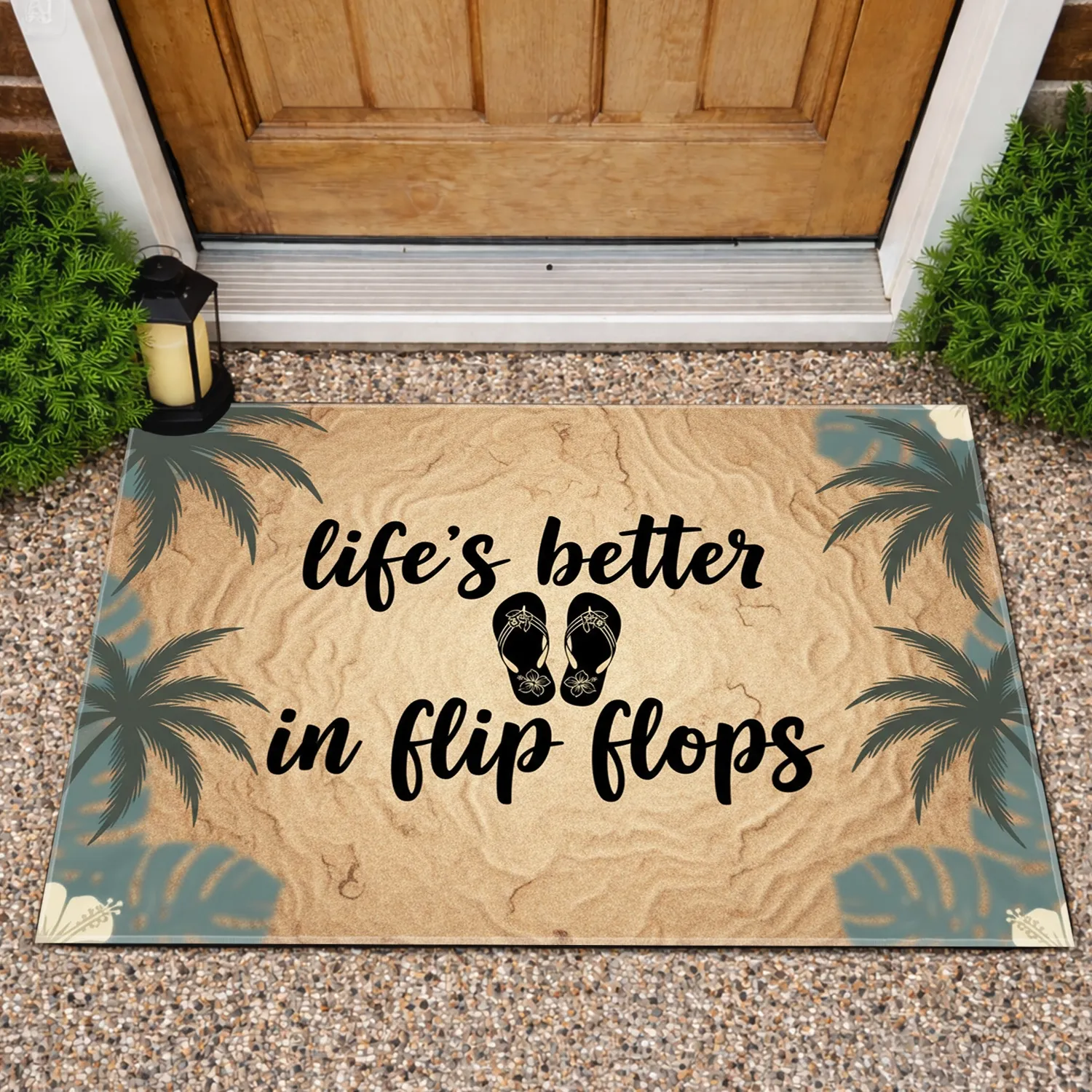 Life's Better In Flip Flops Palm Trees - Tropical Beach Home Decor Gift for Beach Lover Doormat - 1