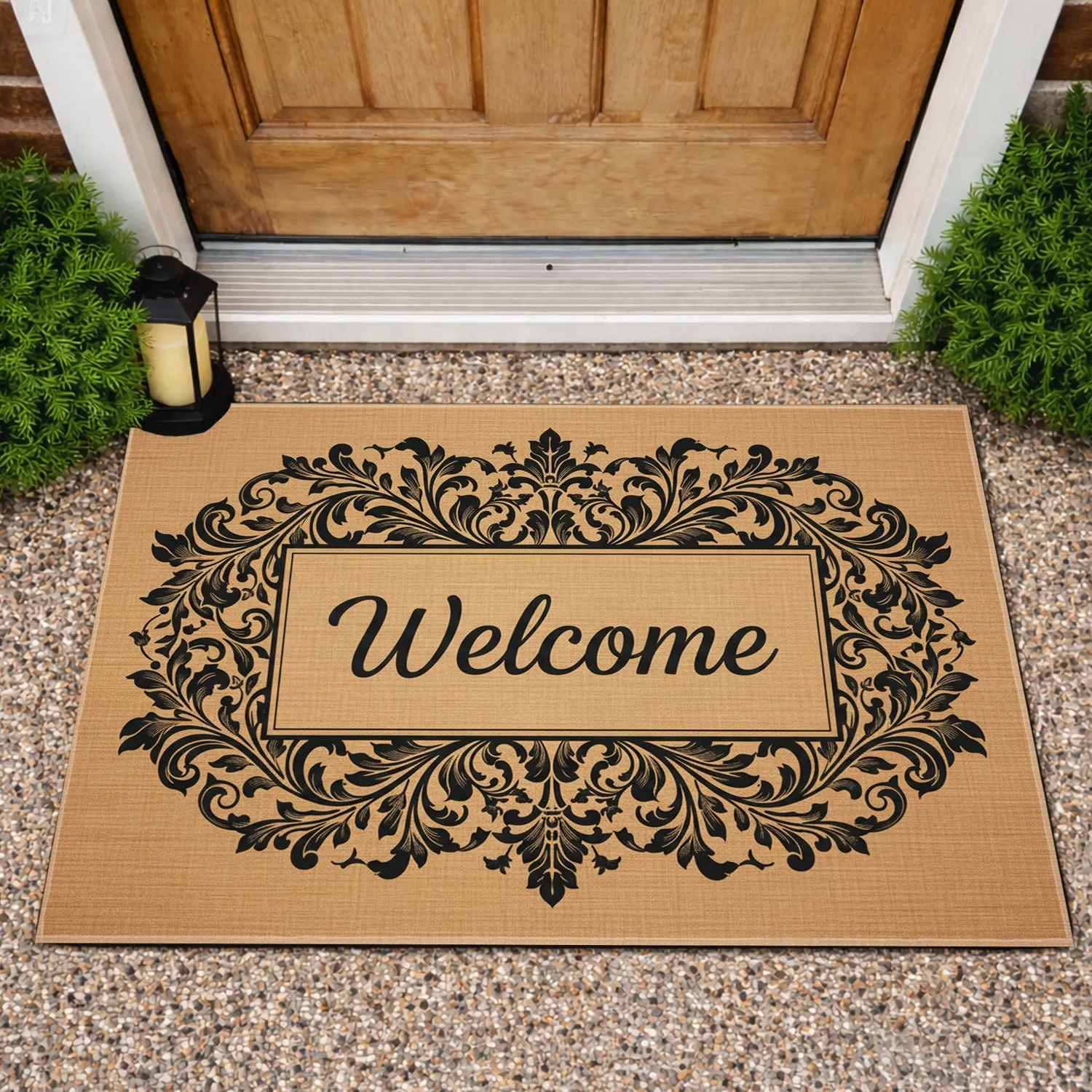Welcome Script Ornate Floral Scrollwork - Sophisticated Entryway Home Decor Gift Doormat - 1
