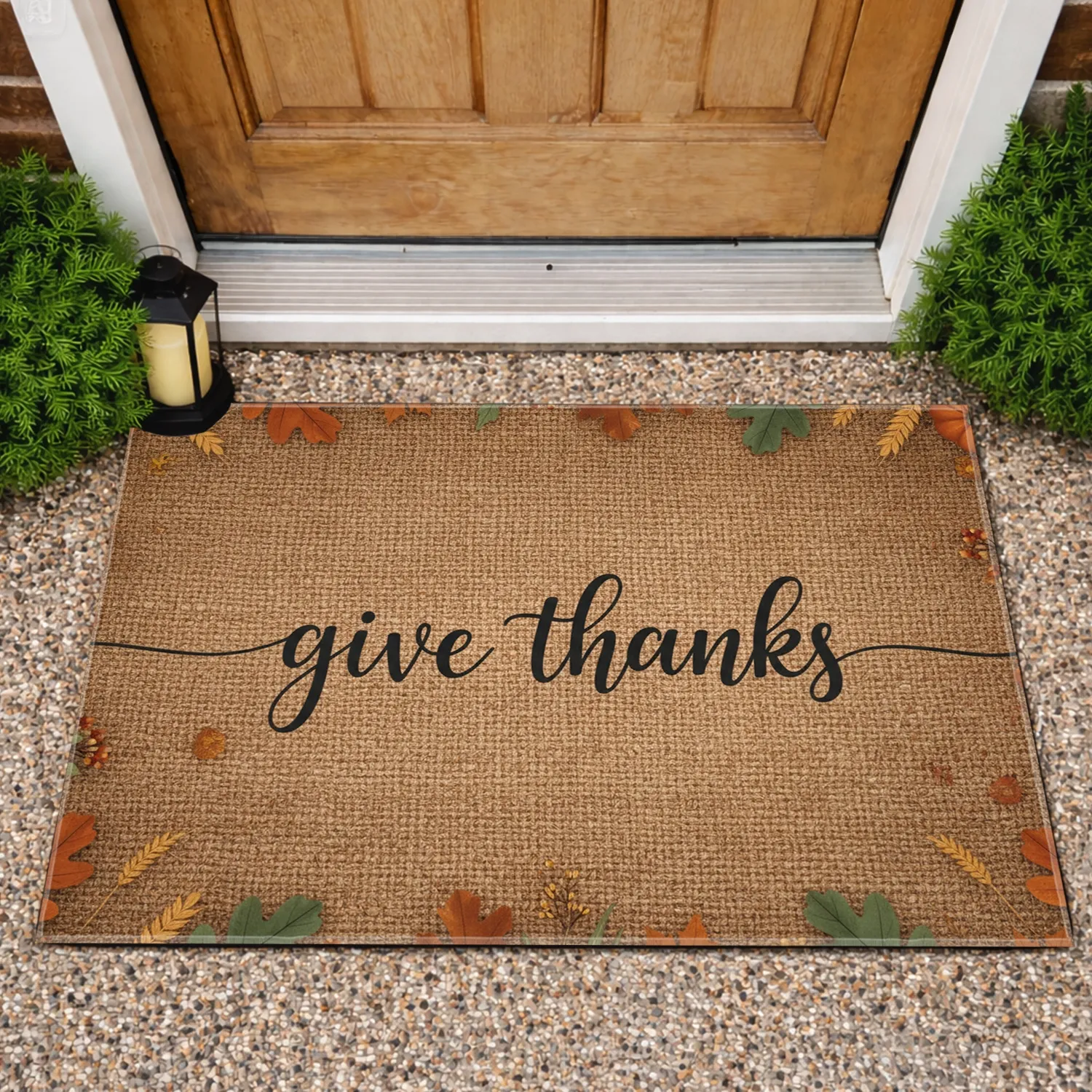 Give Thanks Cursive Autumn Leaves Wheat Gourds - Thanksgiving Decor Gift Doormat - 1