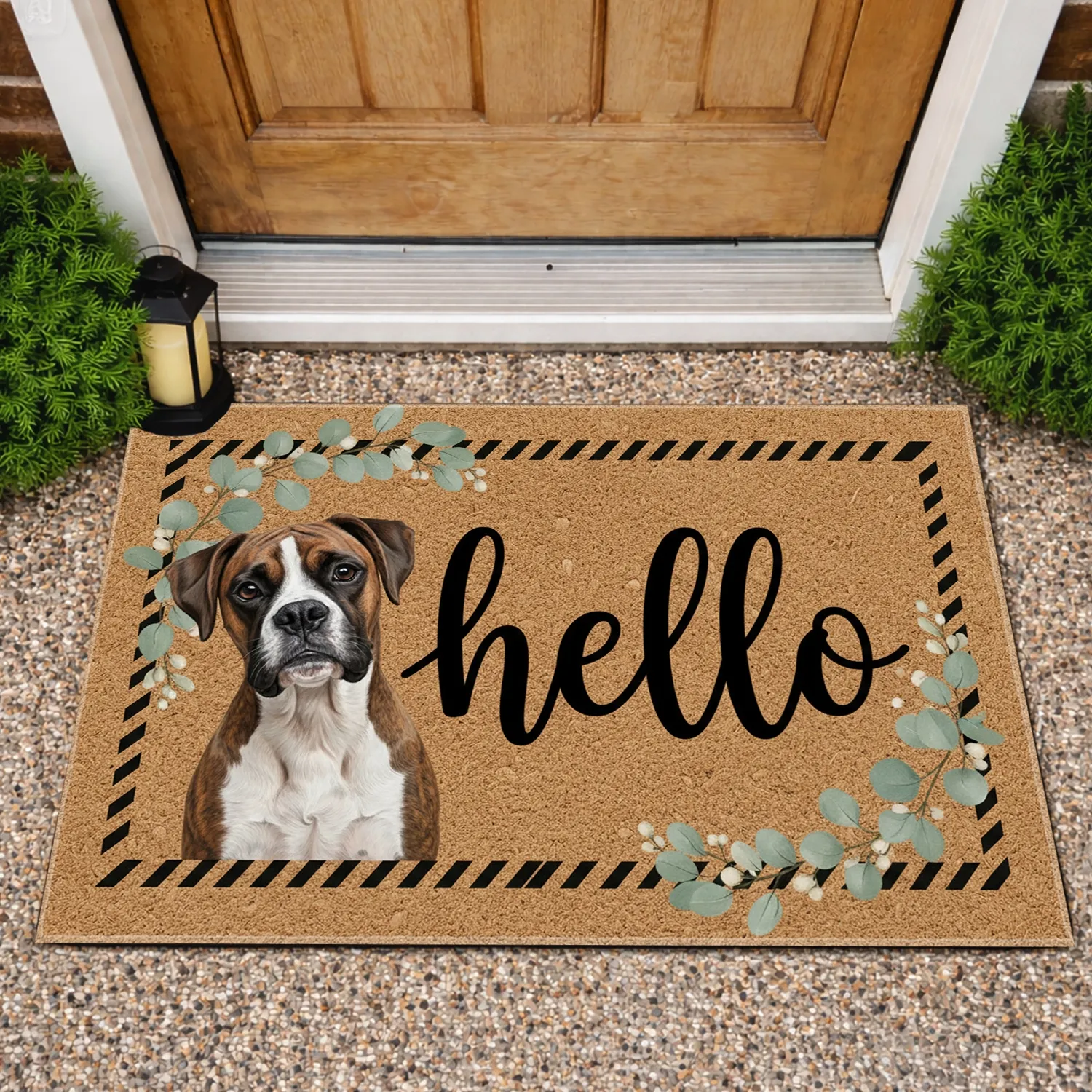 Brindle Boxer Dog Hello Script Eucalyptus Wreath - Welcome Home Decor Gift Doormat - 1