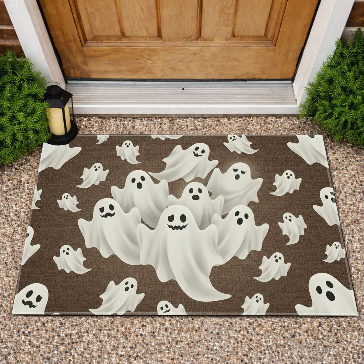 Classic White Sheet Ghost Cluster Earthy Brown Textured Surface Halloween Home Decor Gift Doormat - 1