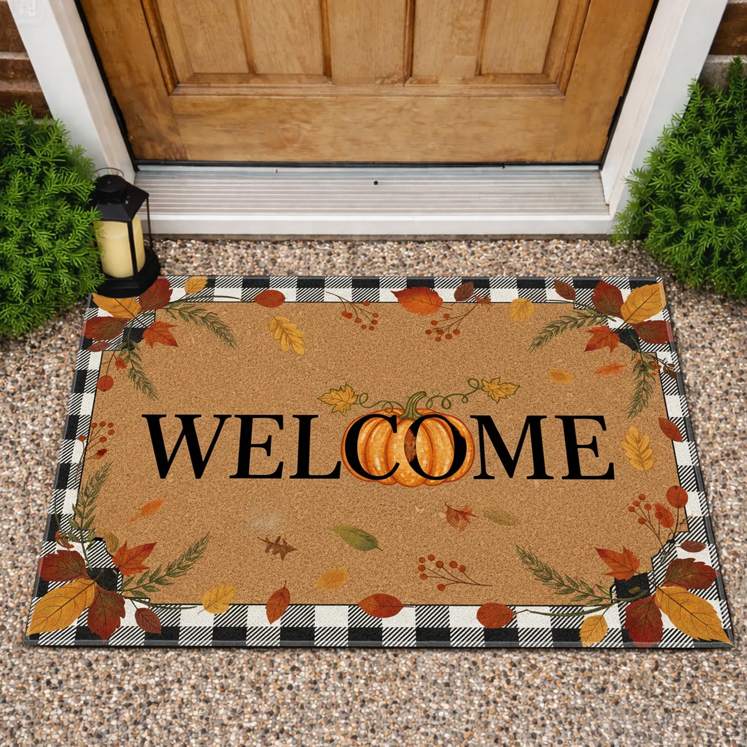 Welcome Pumpkin Buffalo Check Plaid Autumn Leaves - Fall Home Decor Doormat - 1