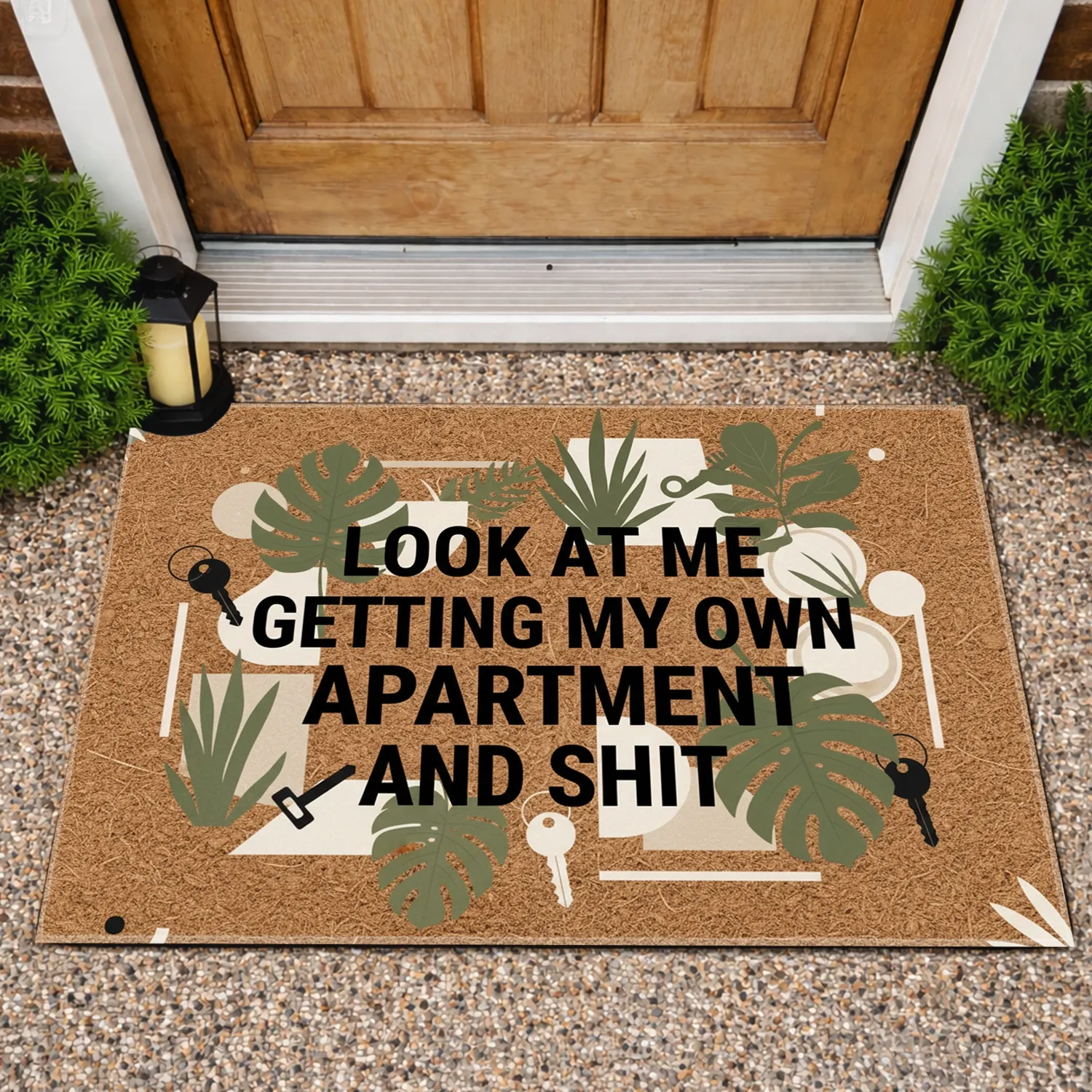 New Apartment Declaration Text with Keys & Plants - New Home Owner Celebration Gift Doormat - 1