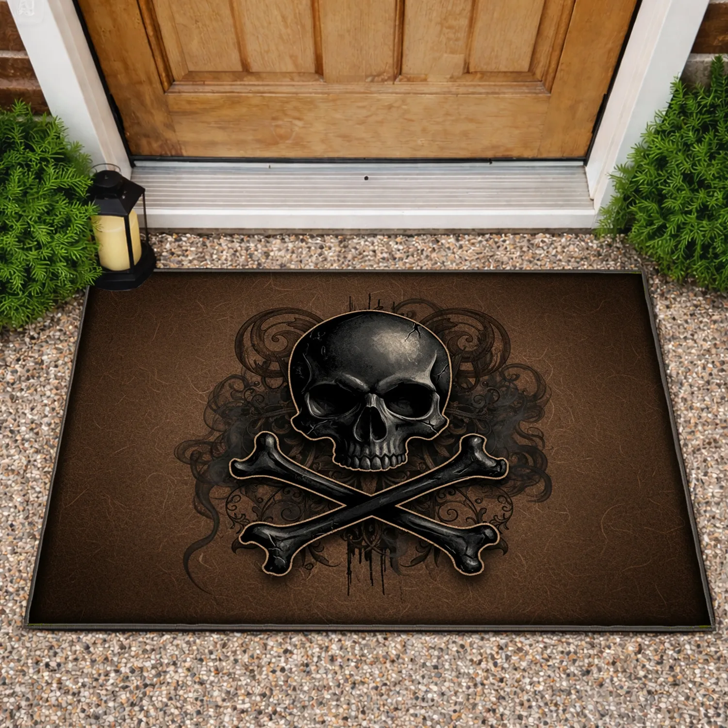 Dark Skull Crossbones Rusted Metal Aged Leather Accent - Edgy Home Decor Gift Doormat - 1