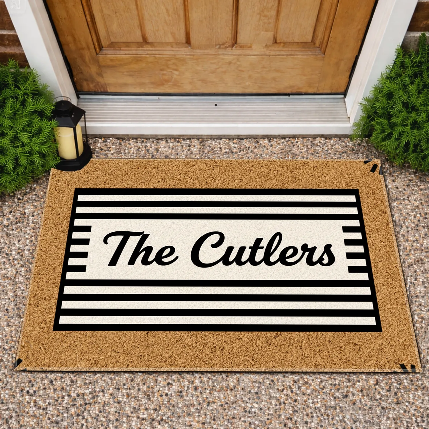 The Custom Text Script Striped Frame - Everyday Home Decor Gift Doormat - 1